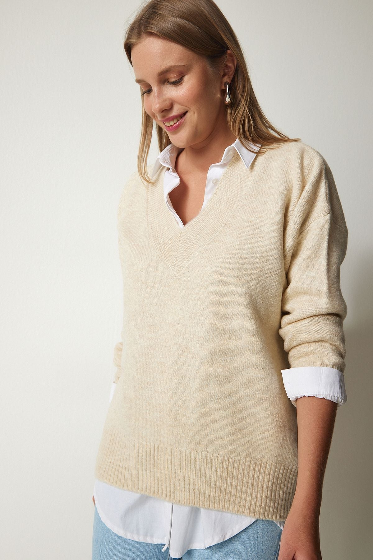 Woman Beige V Yaka Oversize Knitwear Kazakh BV00003