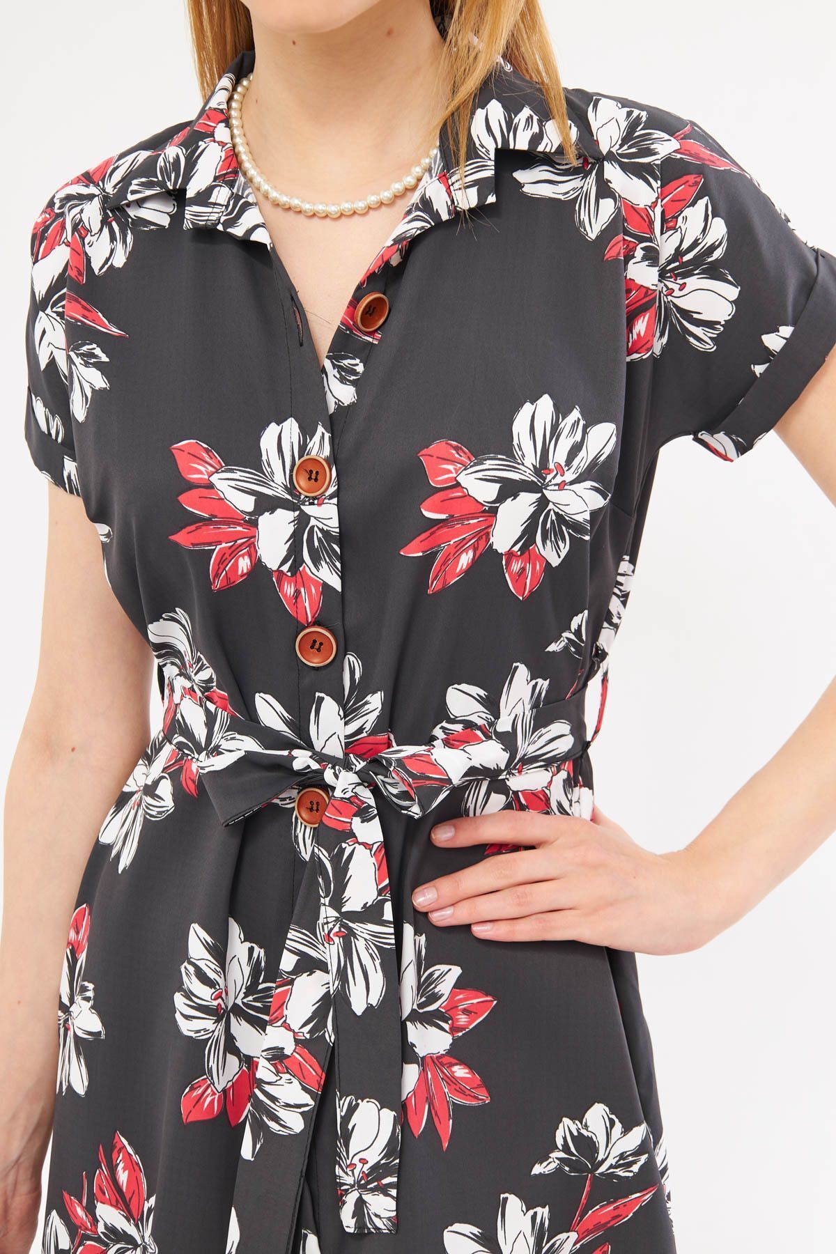 Woman anthracite Large Flower Waist Belt Short Sleeve Shirt Dress ARM-221007