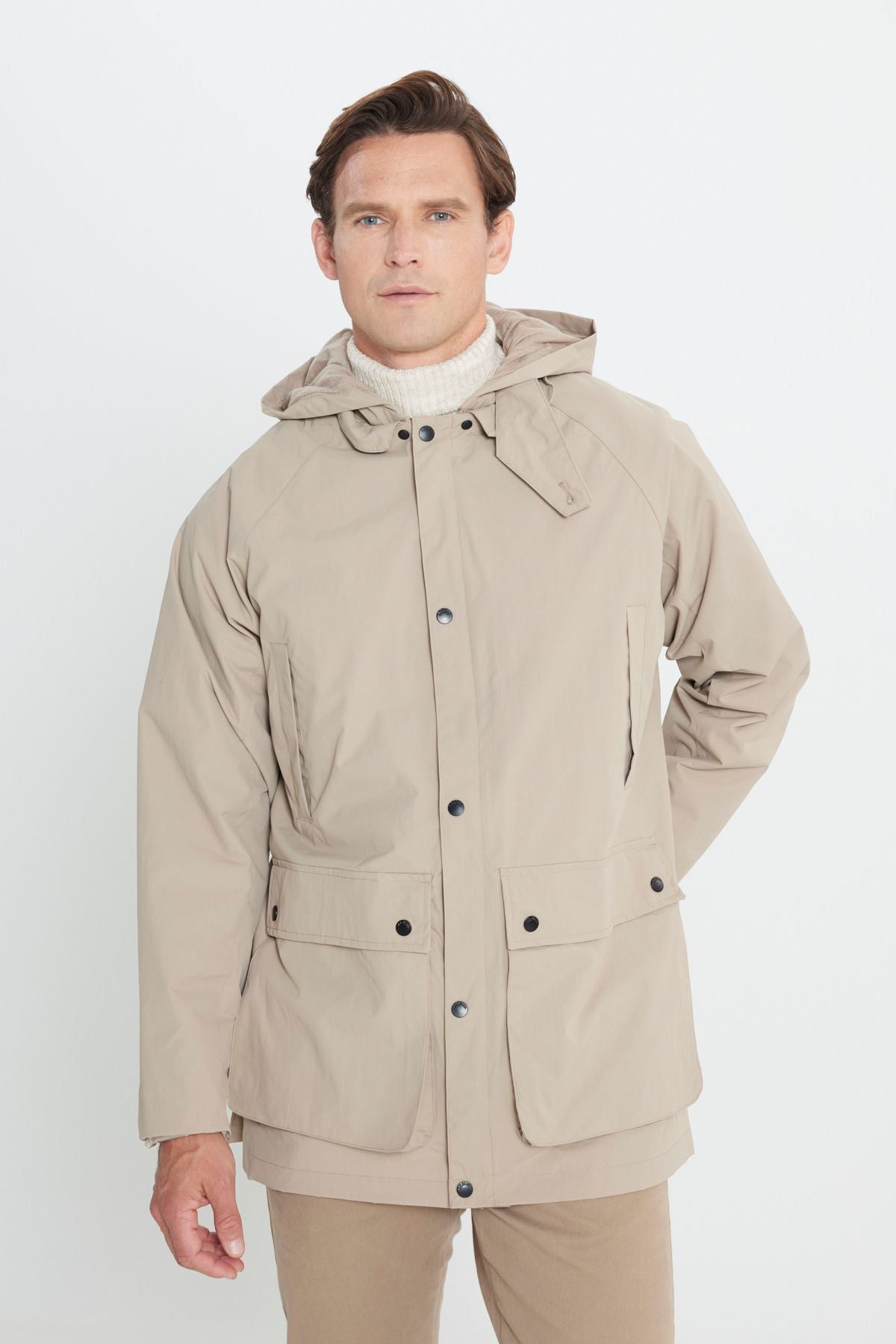 Men's beige hooded upright collar standard Fit Hot Hot Windproof Coat