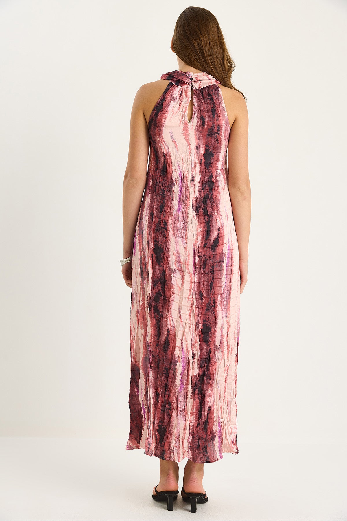 Women's Patterned Halter Neck Lined Satin Textured Crush Dress DE251059 60283419