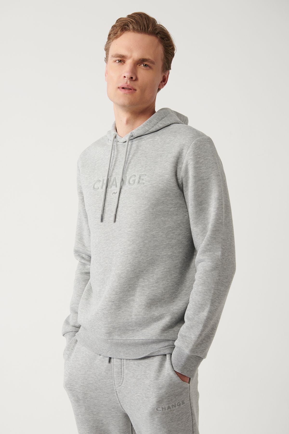 Erkek Gri Kapüşonlu 3 Iplik Şardonlu Baskılı Sweatshirt A32y1240