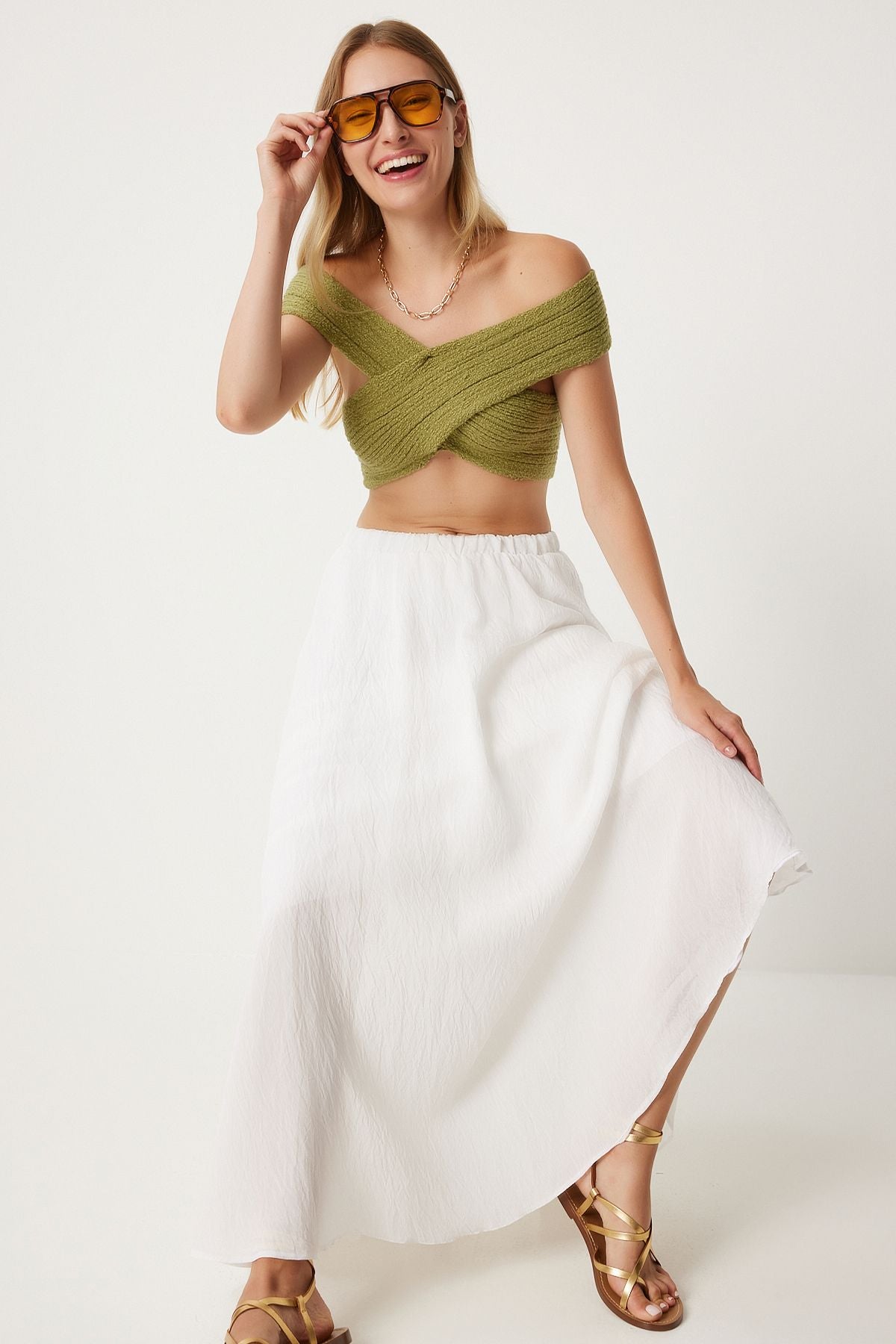 WOMEN ECRU FLY FLOCK MIXED Long Skirt DP00209