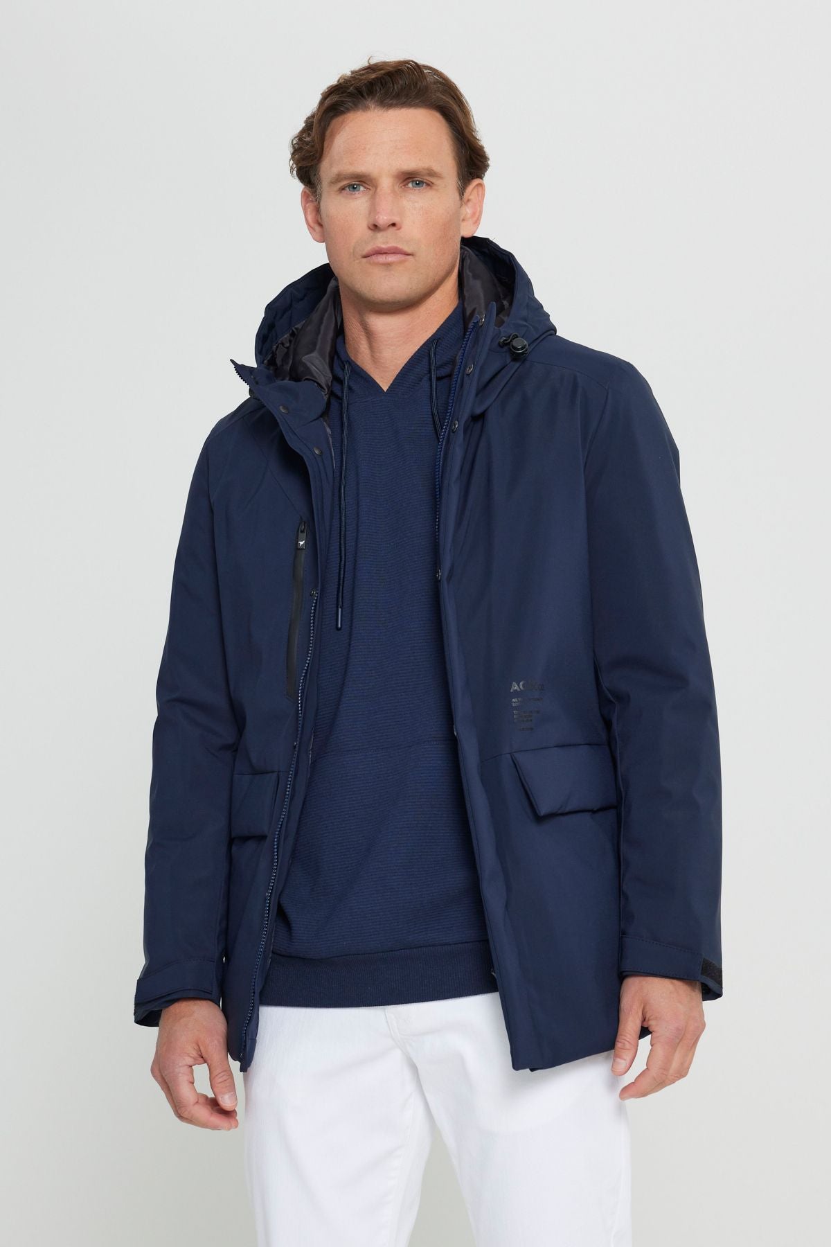 Men's navy blue hooded upright collar standard fit hot holding windproof coat coat