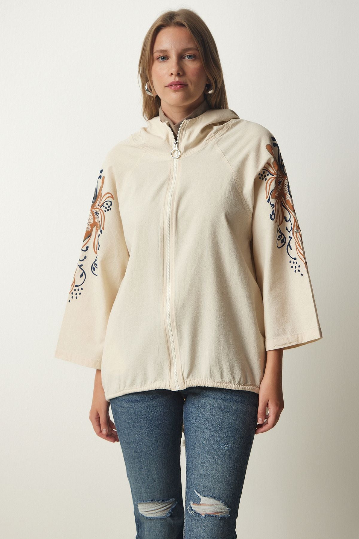 Women's cream brown printed hooded raw linen jacket sa00014