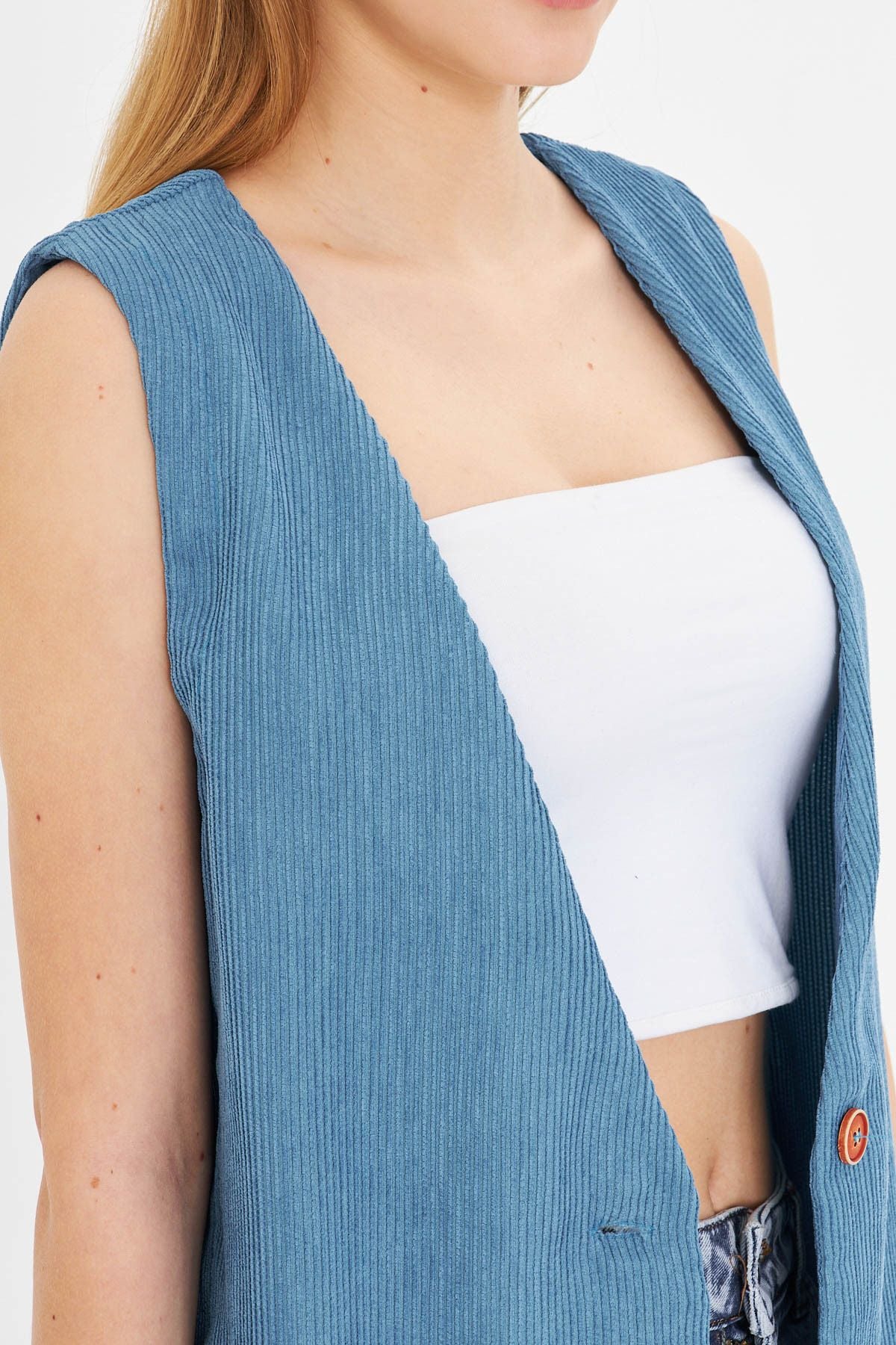 Woman Blue V-Neck Single Button Oversizle Thick Wick Velvet Vest Arm-25k001016