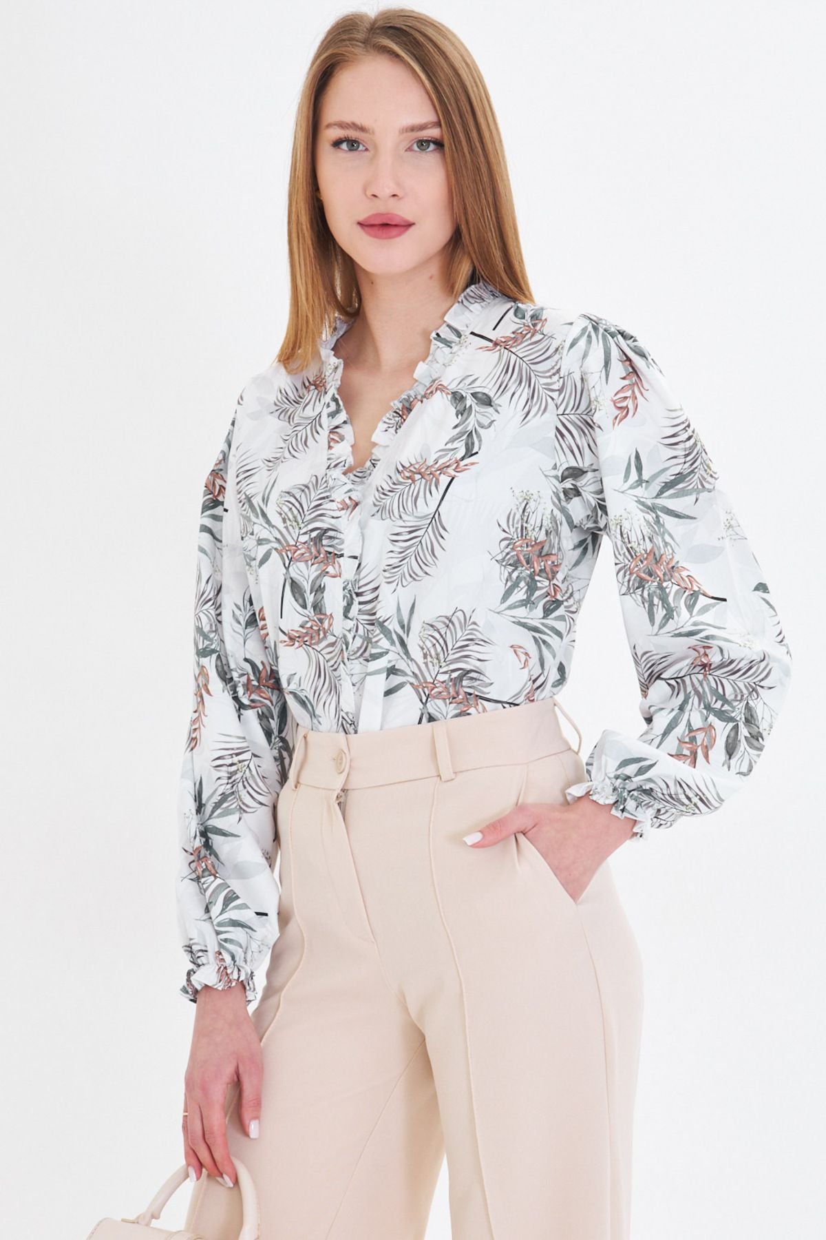 Female Khaki Yak and Ruffle Arms with Rubbins Long Sleeve Blouse ARM-25Y001015