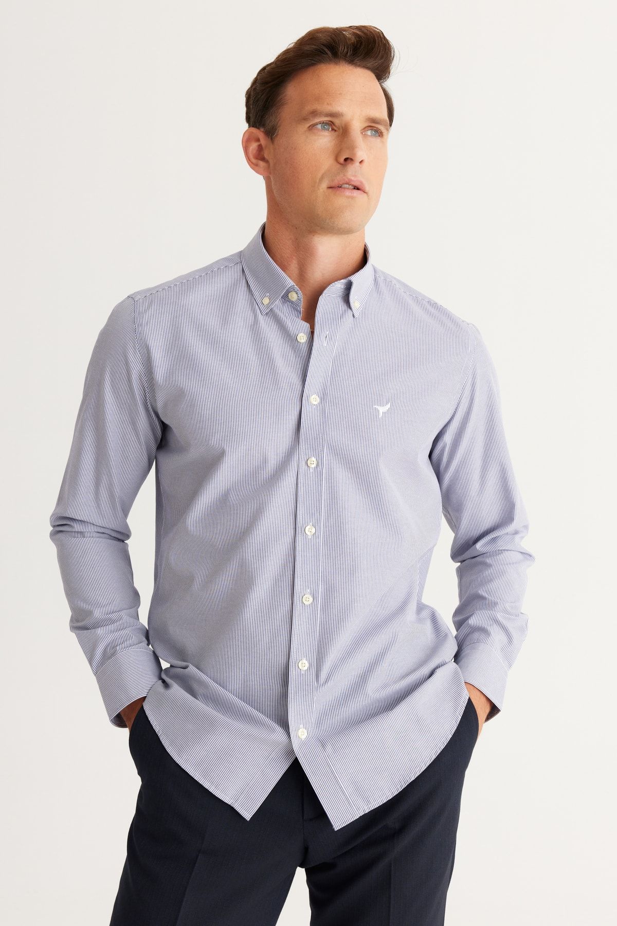 Men's Navy-White Slim Fit Narn Cutting Buttoned Neck Cotton Striped Shirt