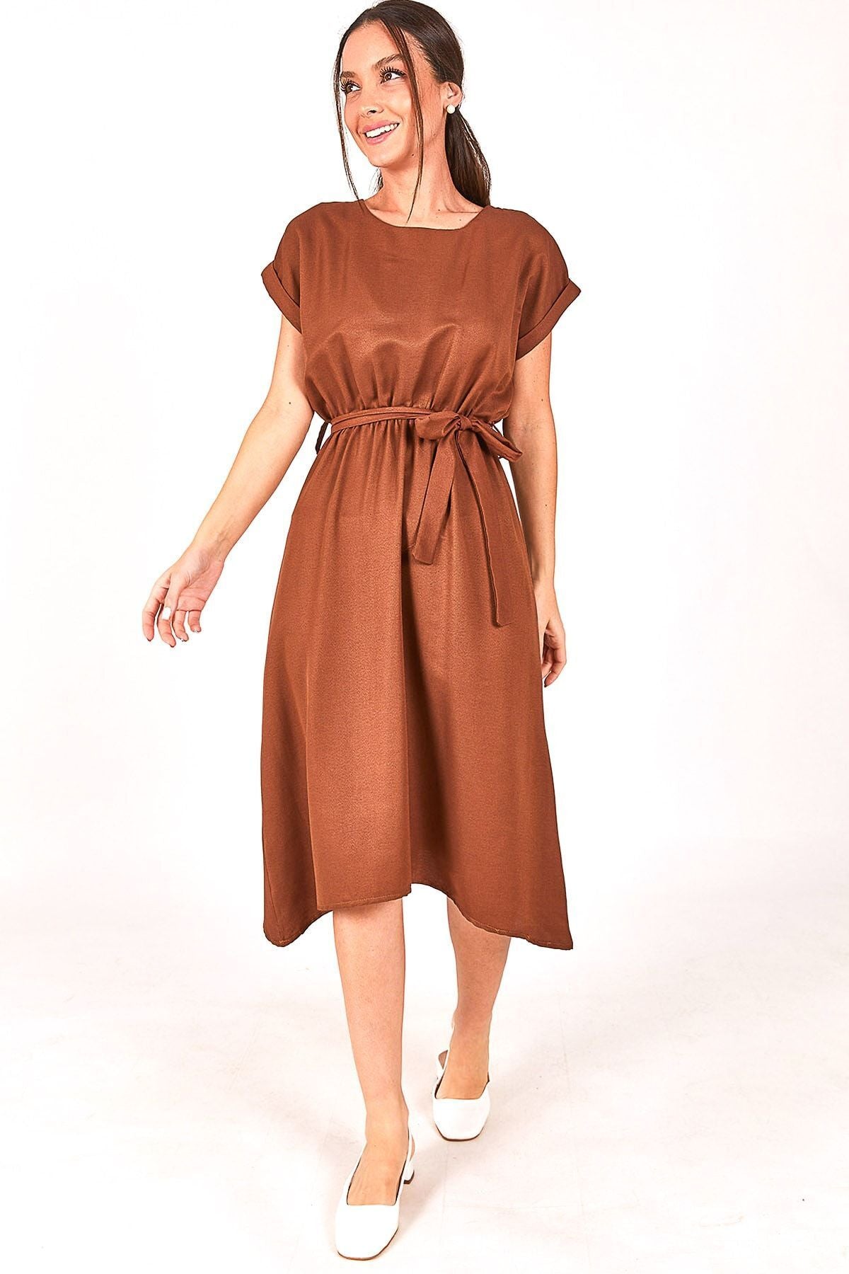 Women's Coffee Waist Luckling Dress ARM-18Y001120