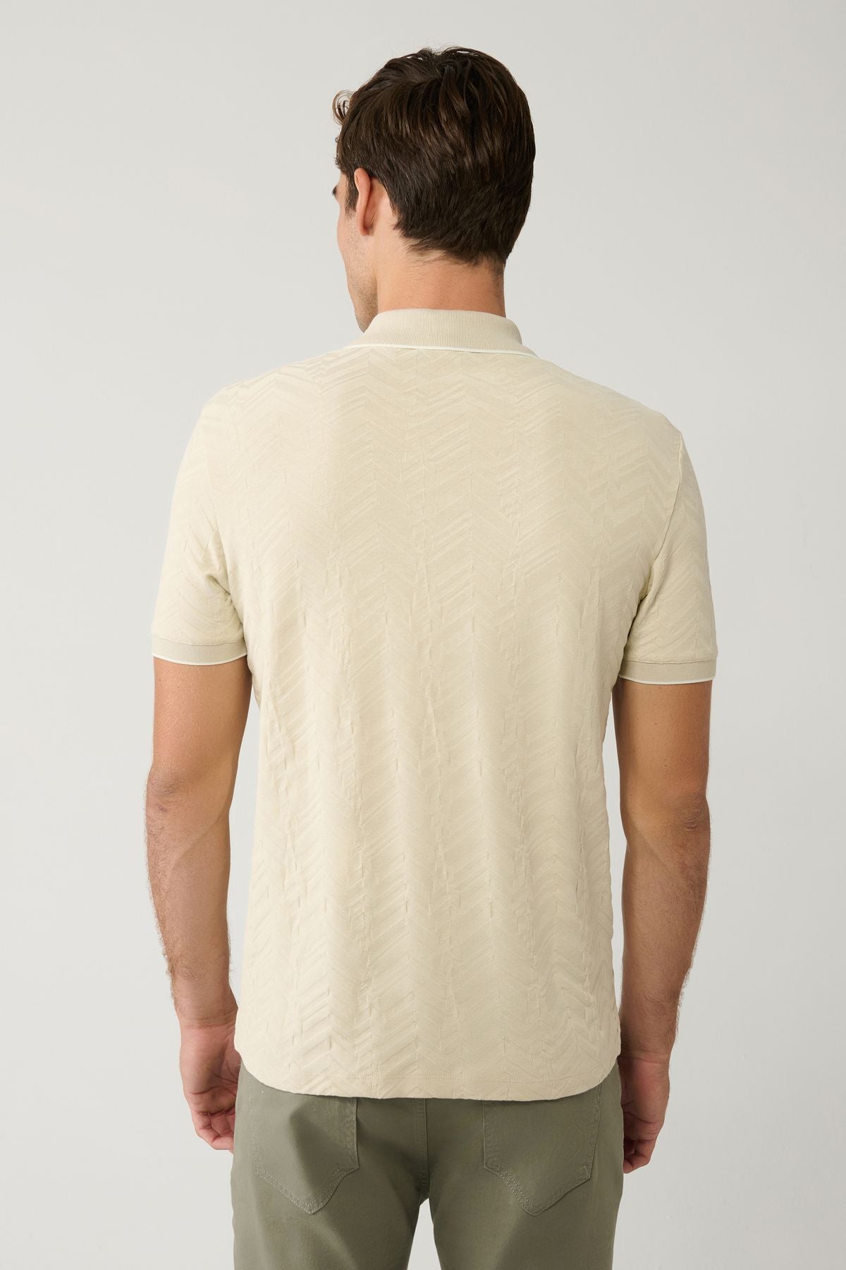 Men's Beige 100 %Cotton 3 Buttoned Jacquard Polo Yaka T-Shirt A41y1147
