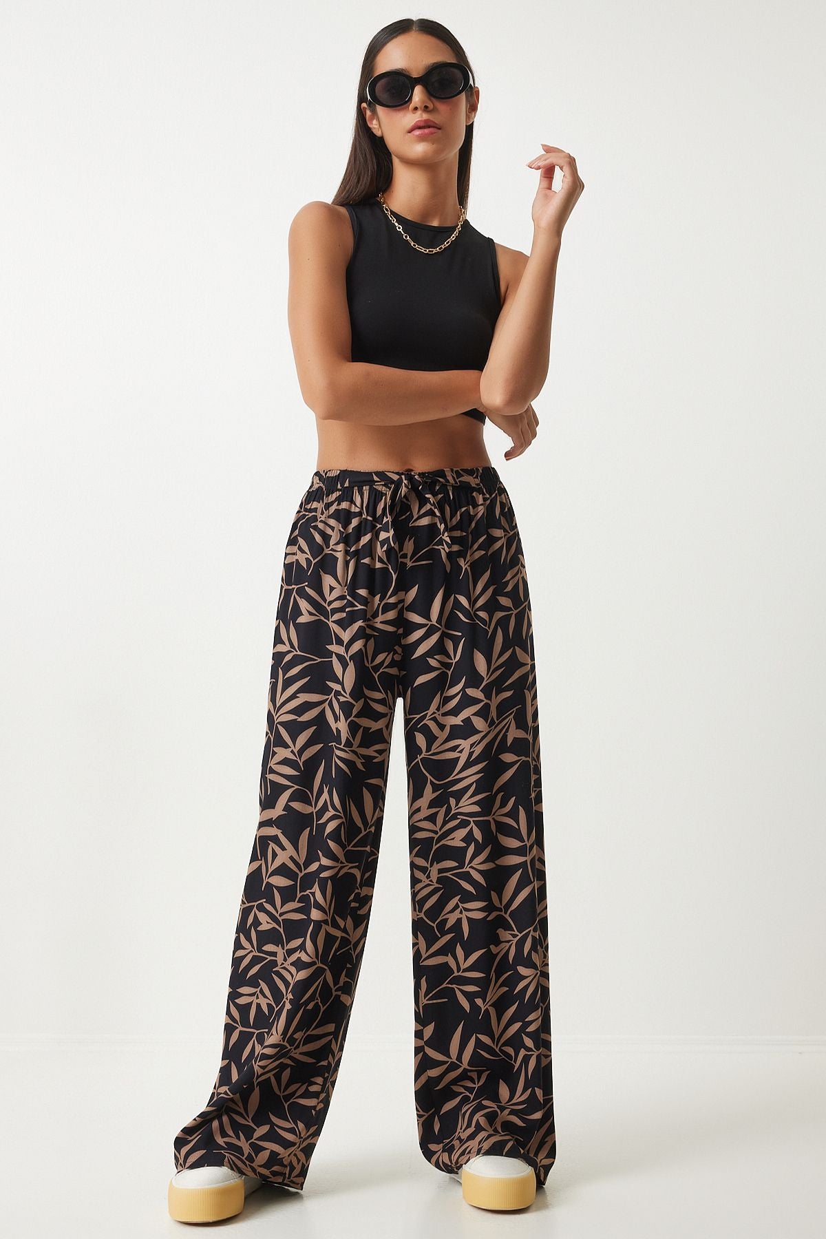 Female Black Mink Patterned Viscose Palazzo Pants EN00606