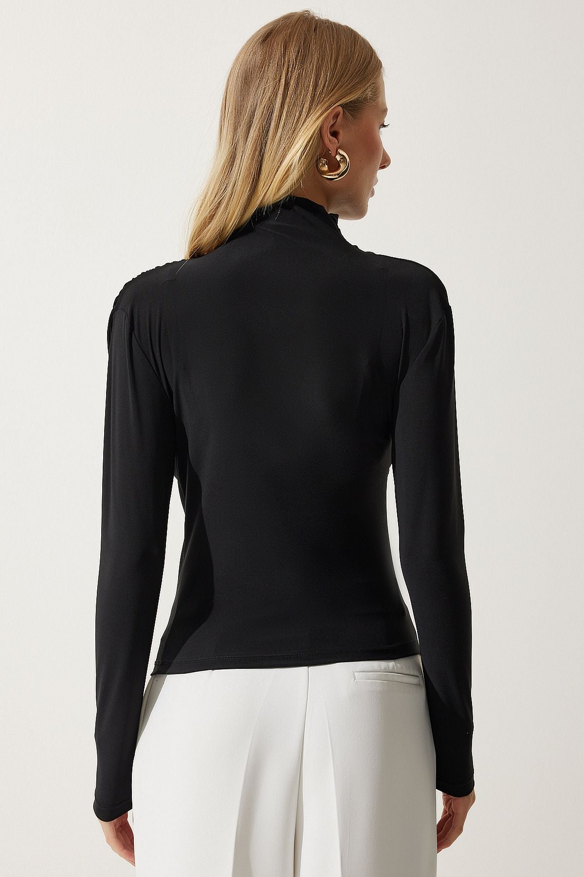 Female black shirring detailed upright collar sandy blouse FF00135