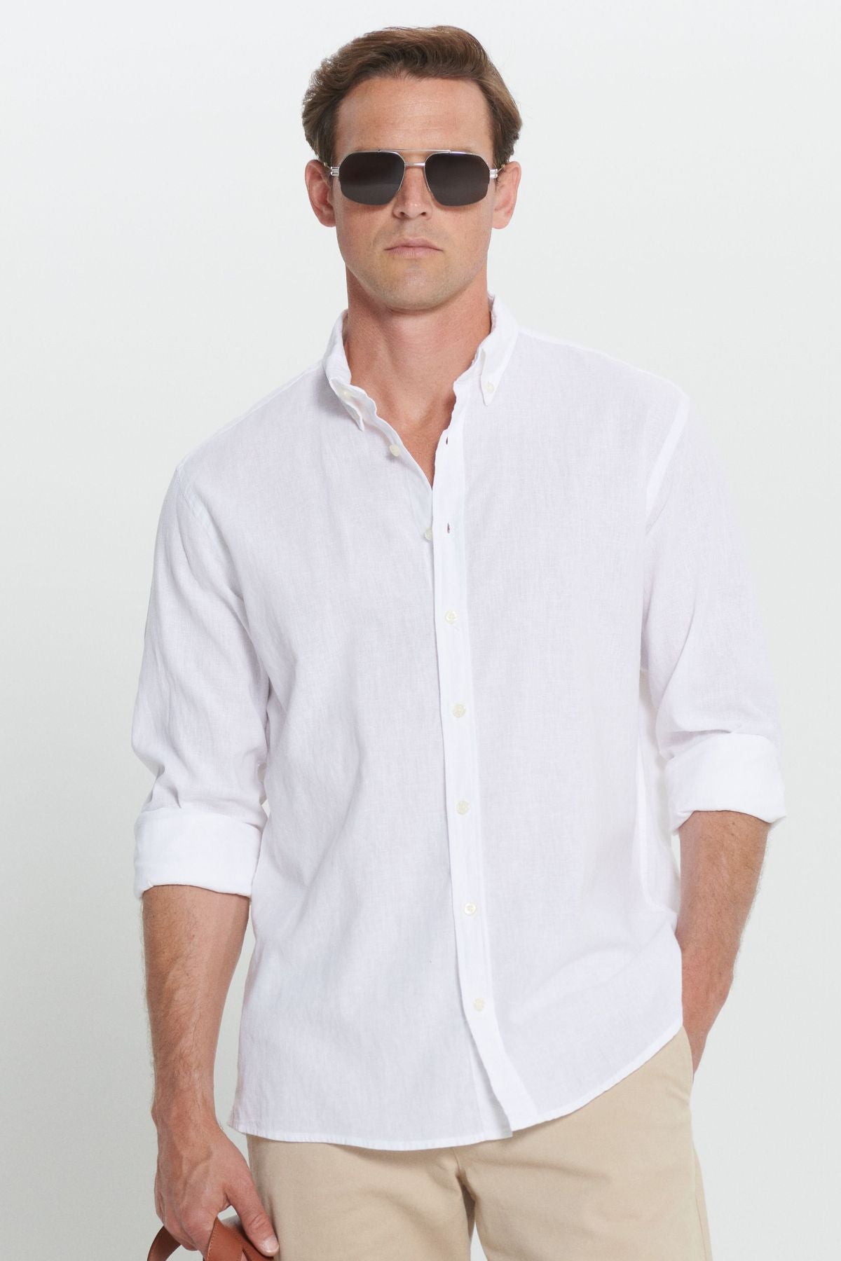 Men's White Linen Comfort Fit Casual Cutting buttoned collar shirt