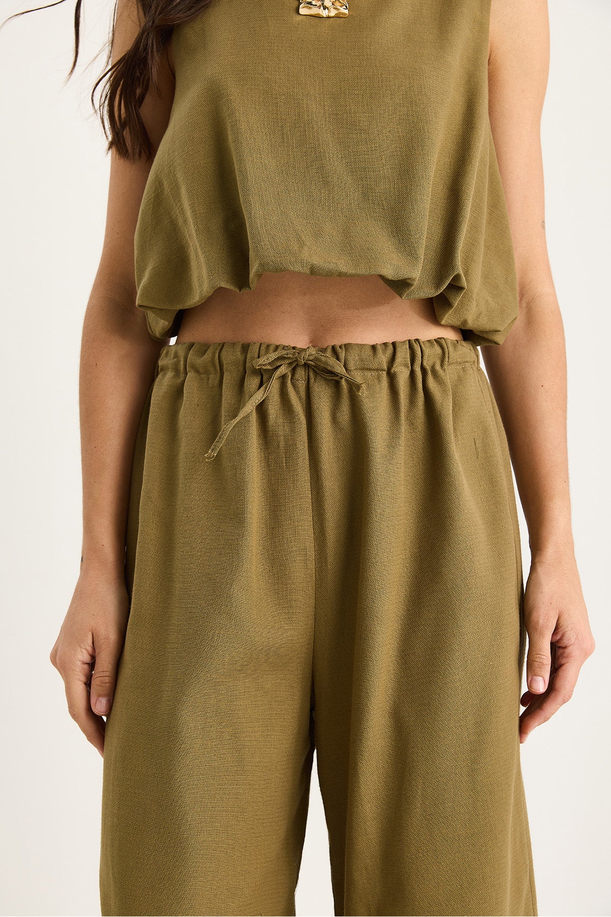 Women's Balloon Detailed Blouse with Palazzo Trousers Linen Bottom-Top Set 9367 60281072