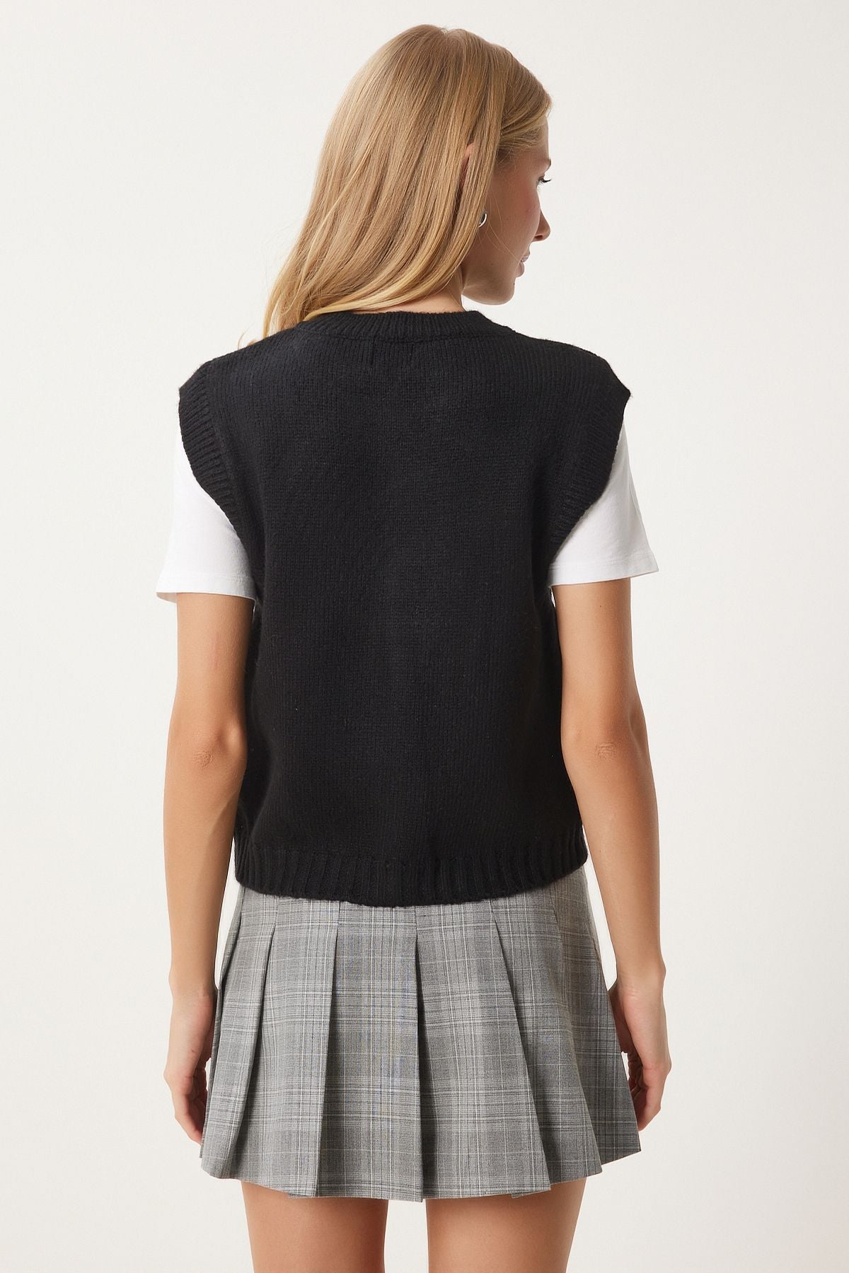 Women's black bike collar button knitwear vest US00947