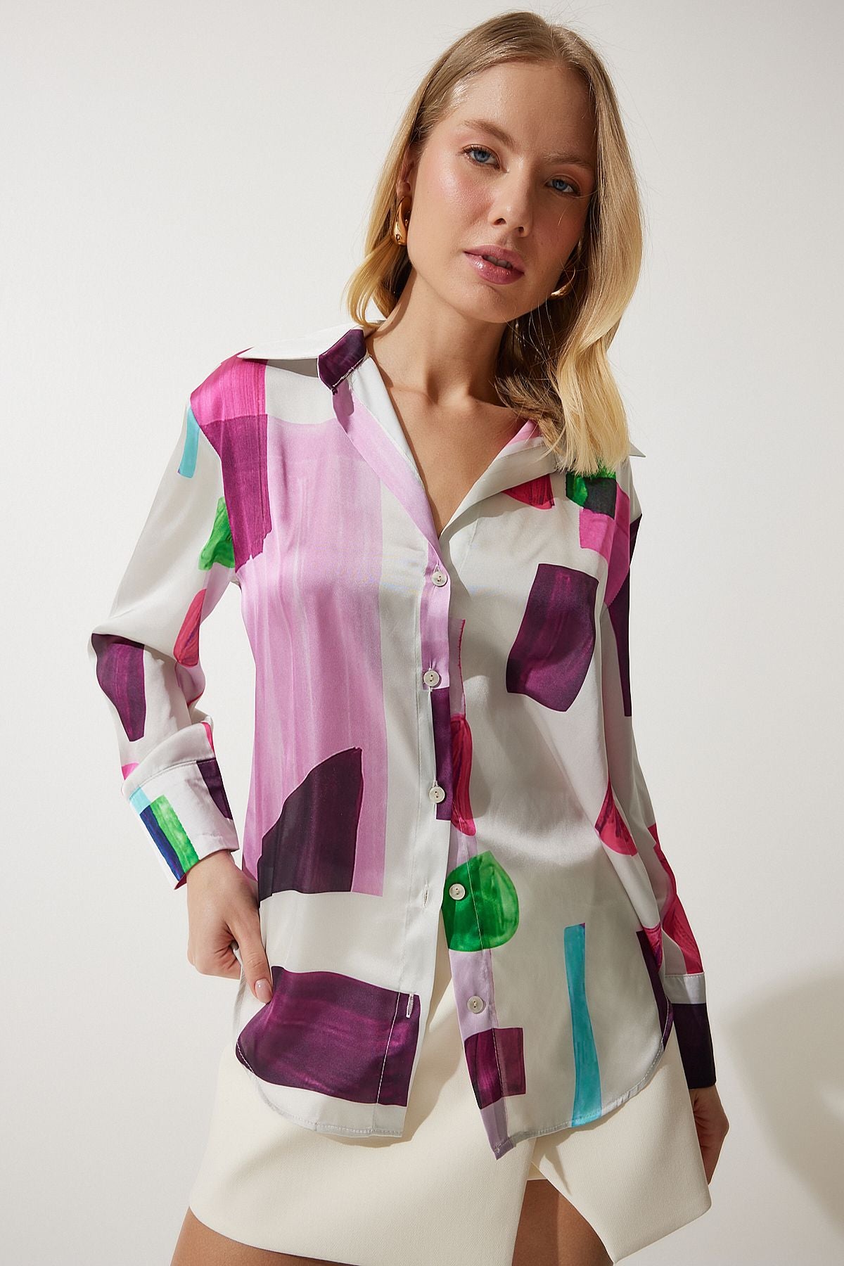 Woman Pink Bone Patterned Satin Surface Shirt RG00019