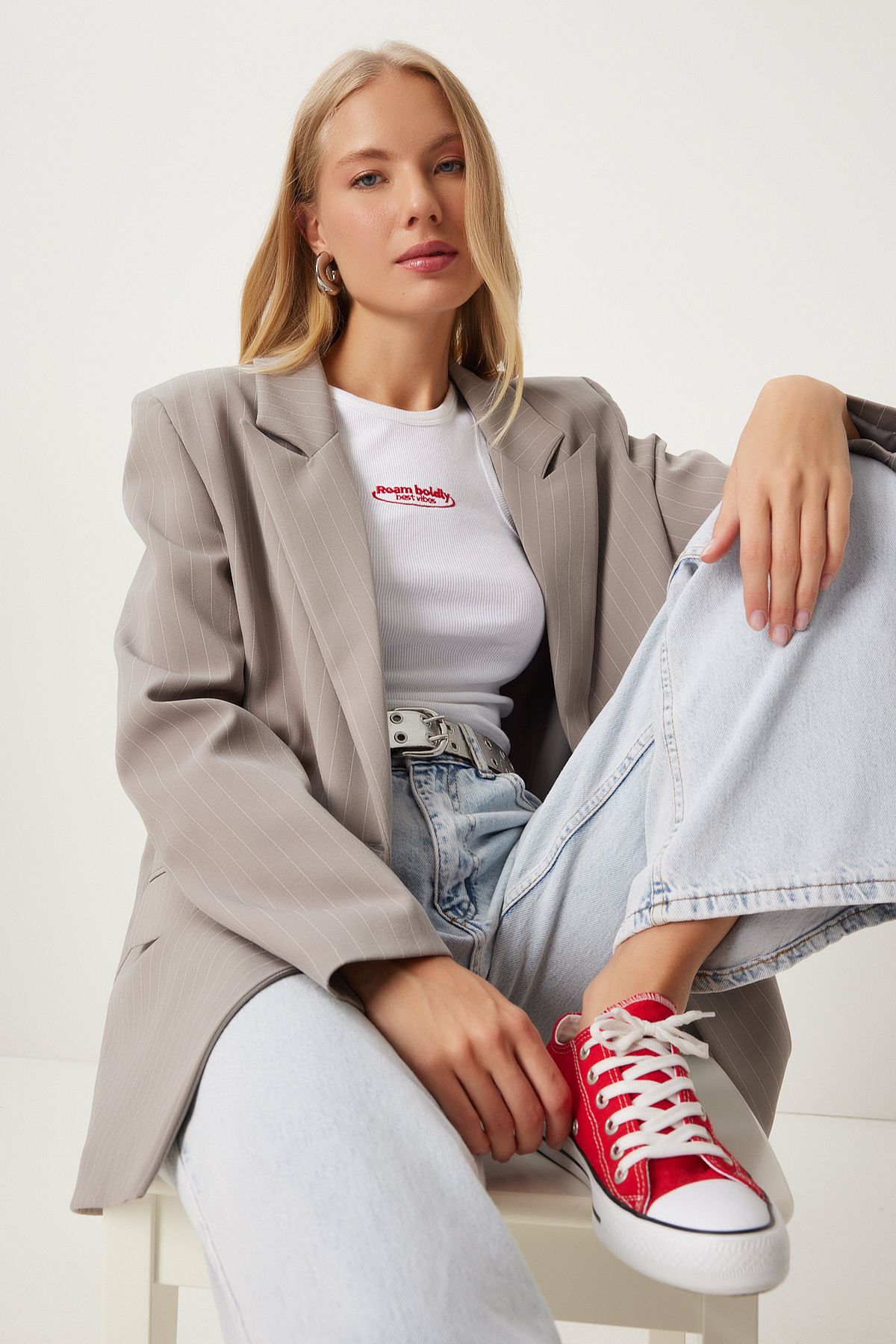 Female mink fine striped oversize cruve jacket to00152