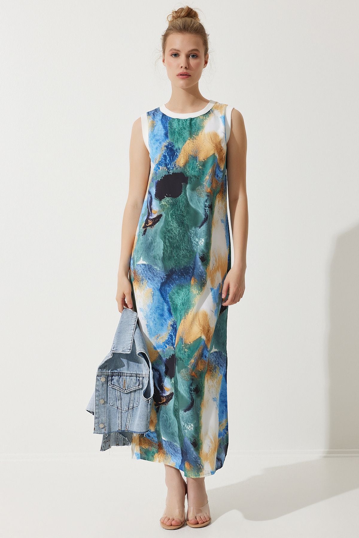 Woman Blue Degrade Patterned Sleeveless Summer Dress KJ00010
