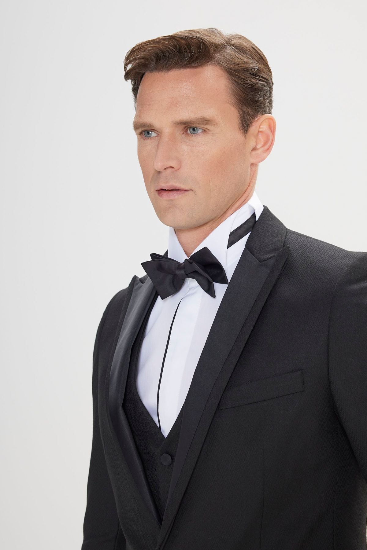 Men's Black Slim Fit Narrow Cut Swallow Collar Patterned Vest Tuxedo Set