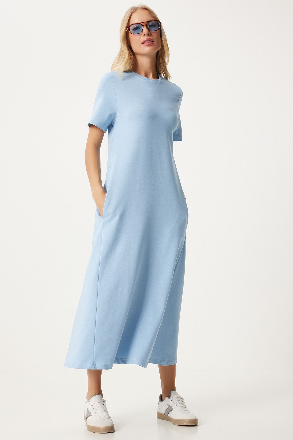 Woman sky blue A cut summer combed dress ub00060