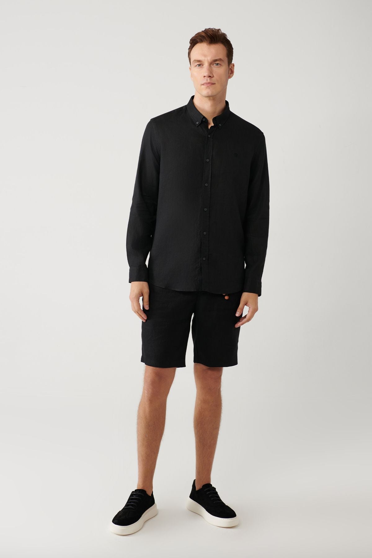 Men's black 100 %linen buttoned collar shirt B002191