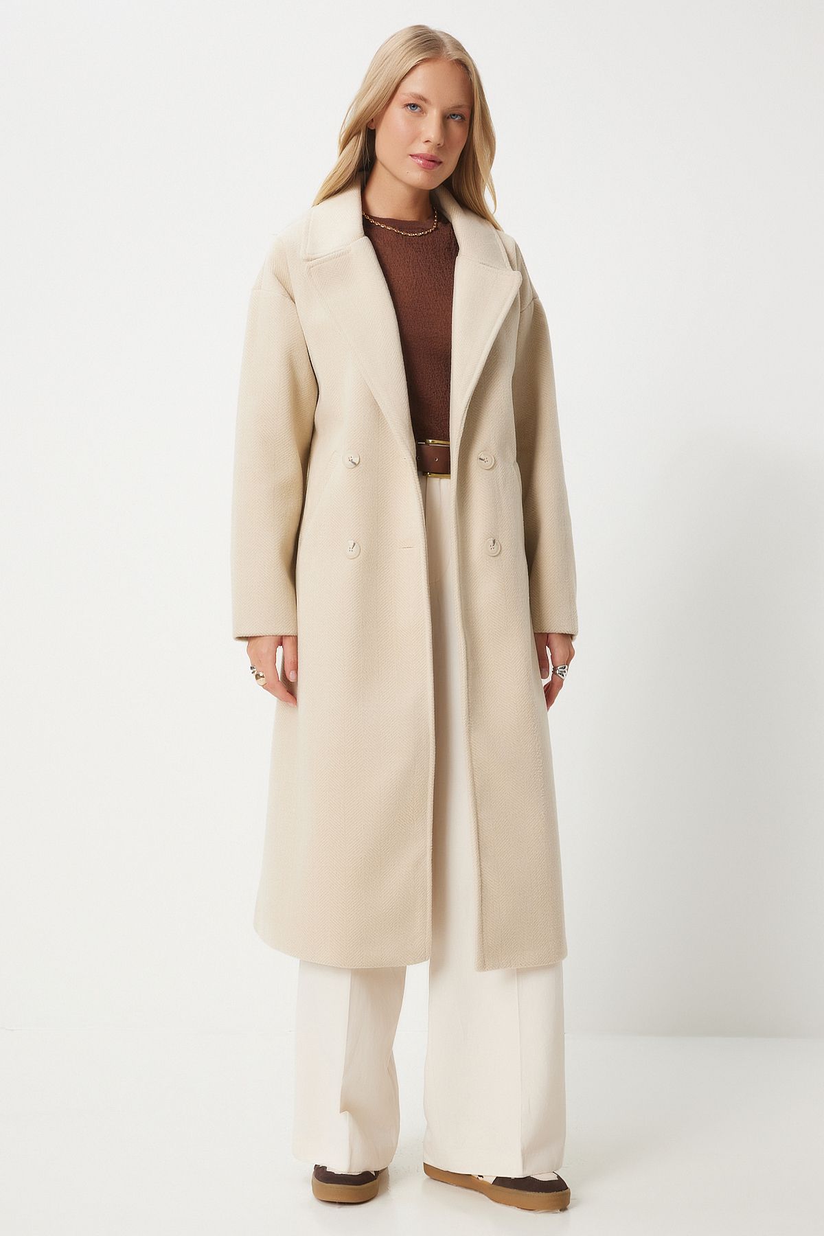 Female Beige Cruve Yaka Stamp Coat DD01337