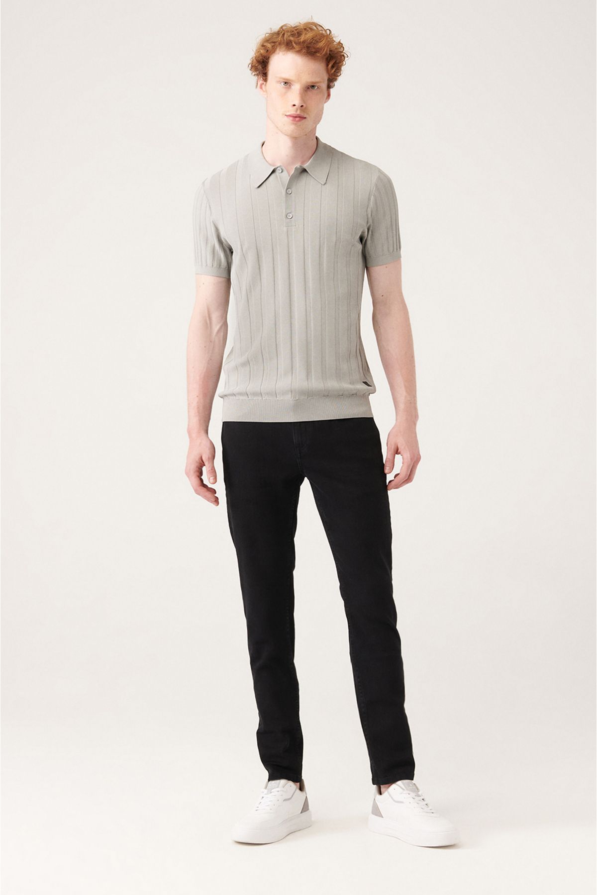 Men's gray wick knitting detailed Polo collar knitwear T-shirt A31y5011