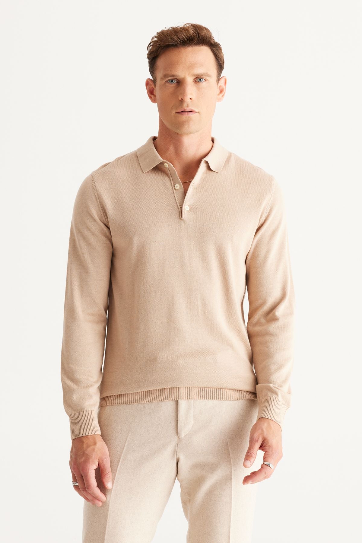 Men's Beige Melanj Standard Fit Normal Cut Polico Cotton Knitwear Sweater