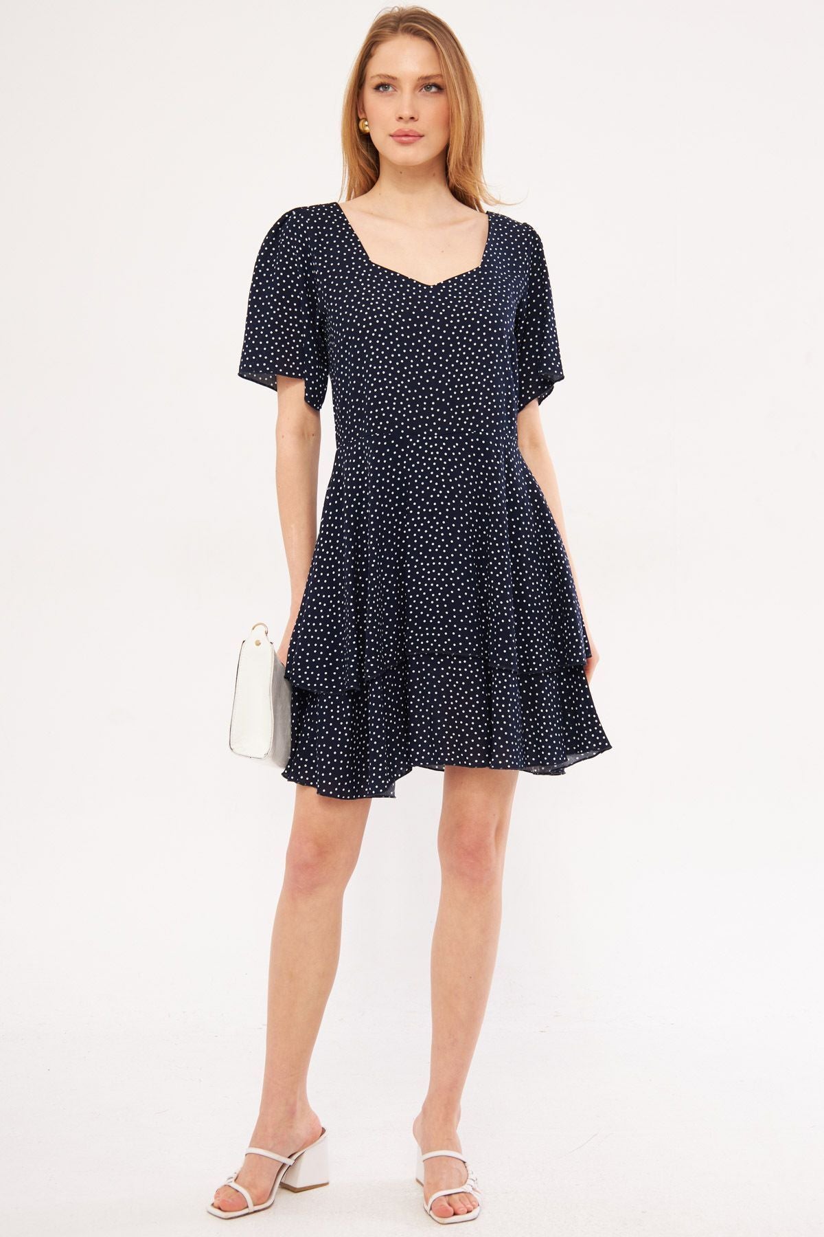 Female Navy blue Minus Dress Short Sleeve Skirt Floor Zippered Patterned Mini Boy ARM-24Y001026