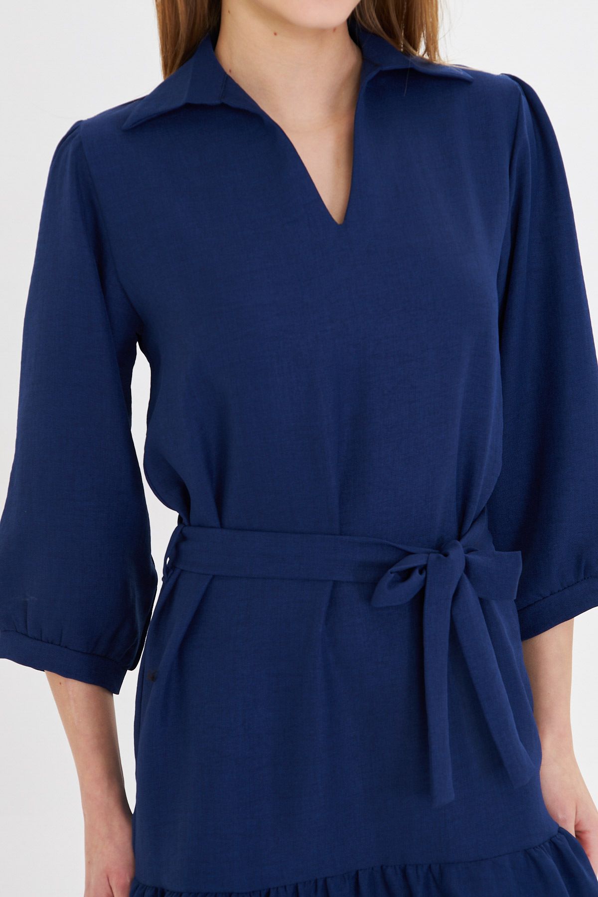 Female navy blue shirt collar quarter arm waist belt skirt shirred dress ARM-25Y001010