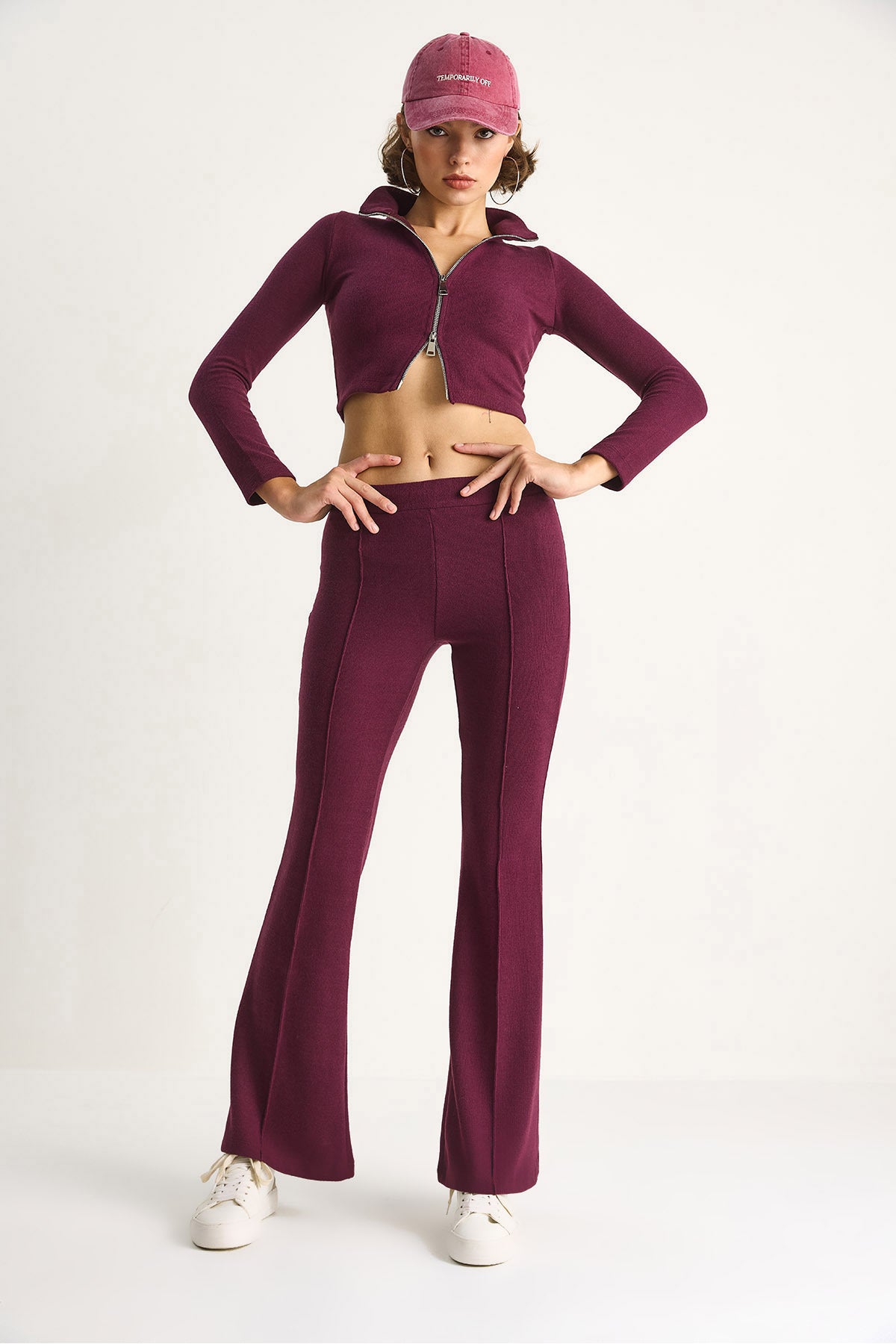 Women's Corduroy Knitted Fabric Double Zipper Detailed Turtleneck Bottom-Top Suit 2421 60284063