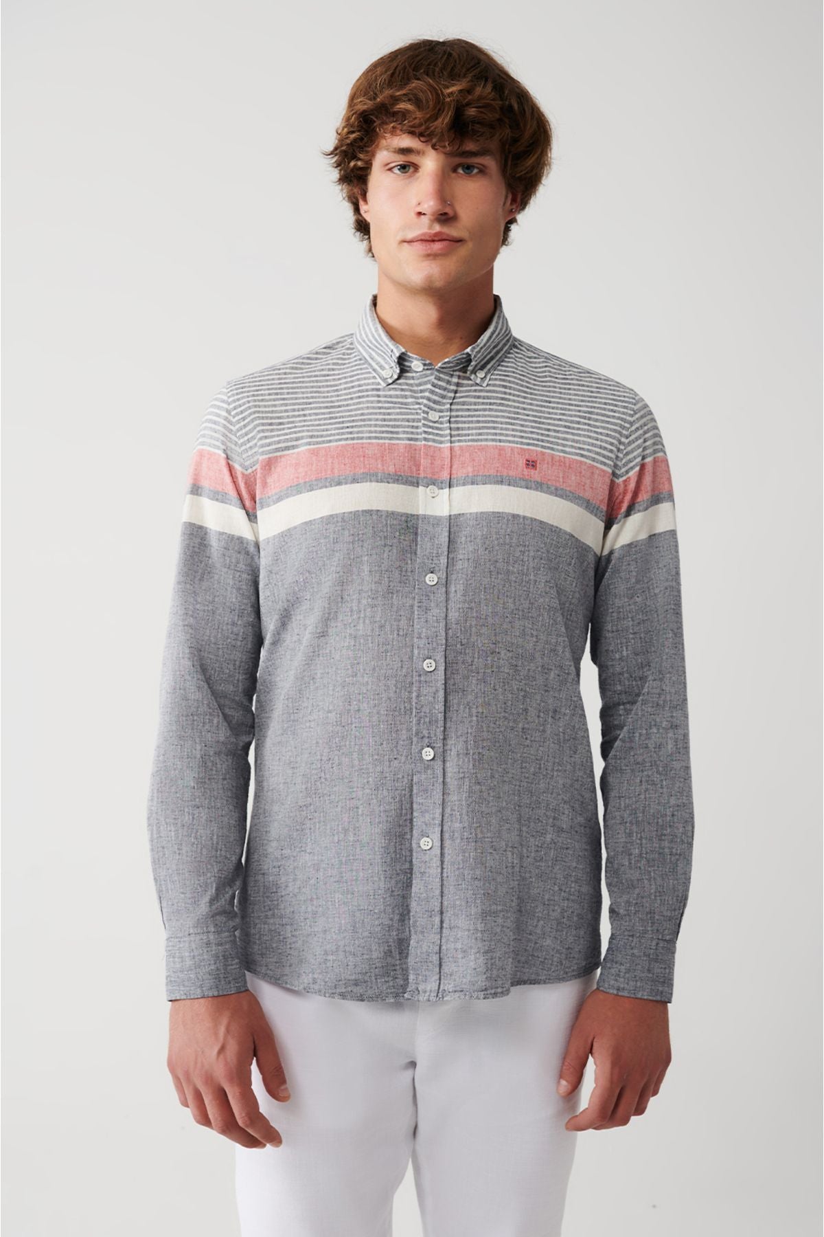 Men's navy blue cotton linen mixed striped shirt A31y2264