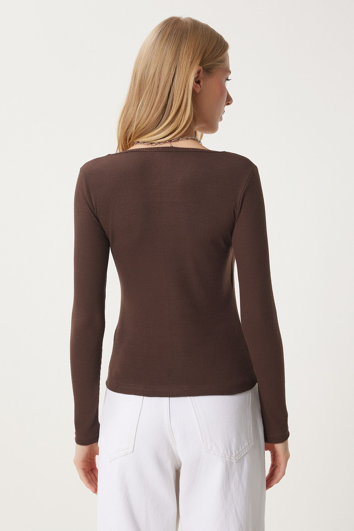Female Brown Square Collar Wick Knitting Blouse GT00052