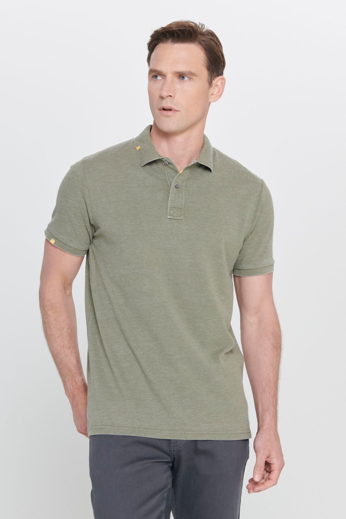 Men's Khaki Slim Fit Narrow Cut Cotton Embroidery Detailed Polo Yaka T -shirt