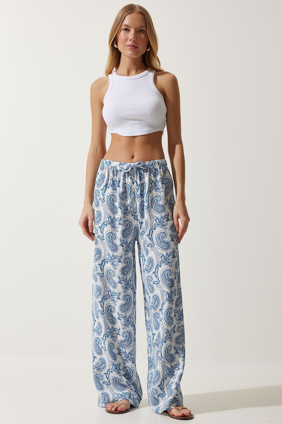 Woman White Light Blue Patterned Raw Linen Palazzo Pants BH00397