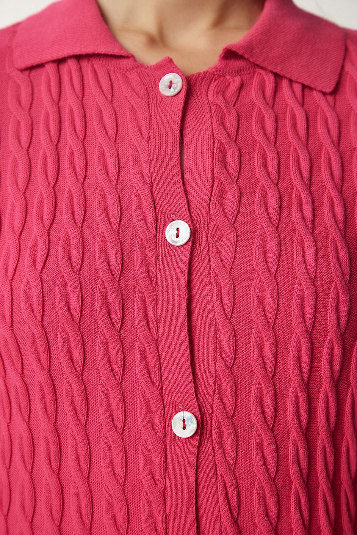 Woman Pink Polo Yaka Braided knitwear cardigan FN03117
