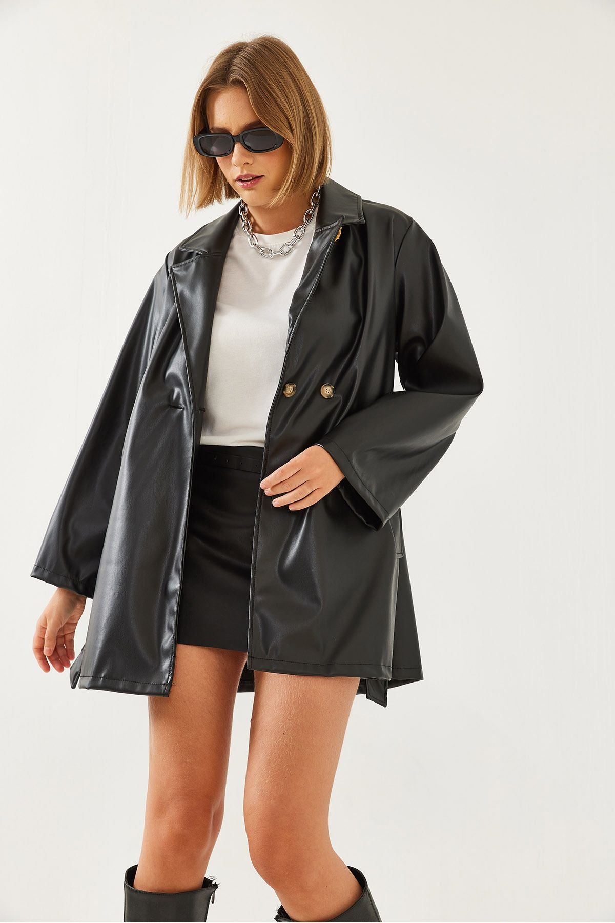 Female Leather Skin Beded Trench Coat 60351179