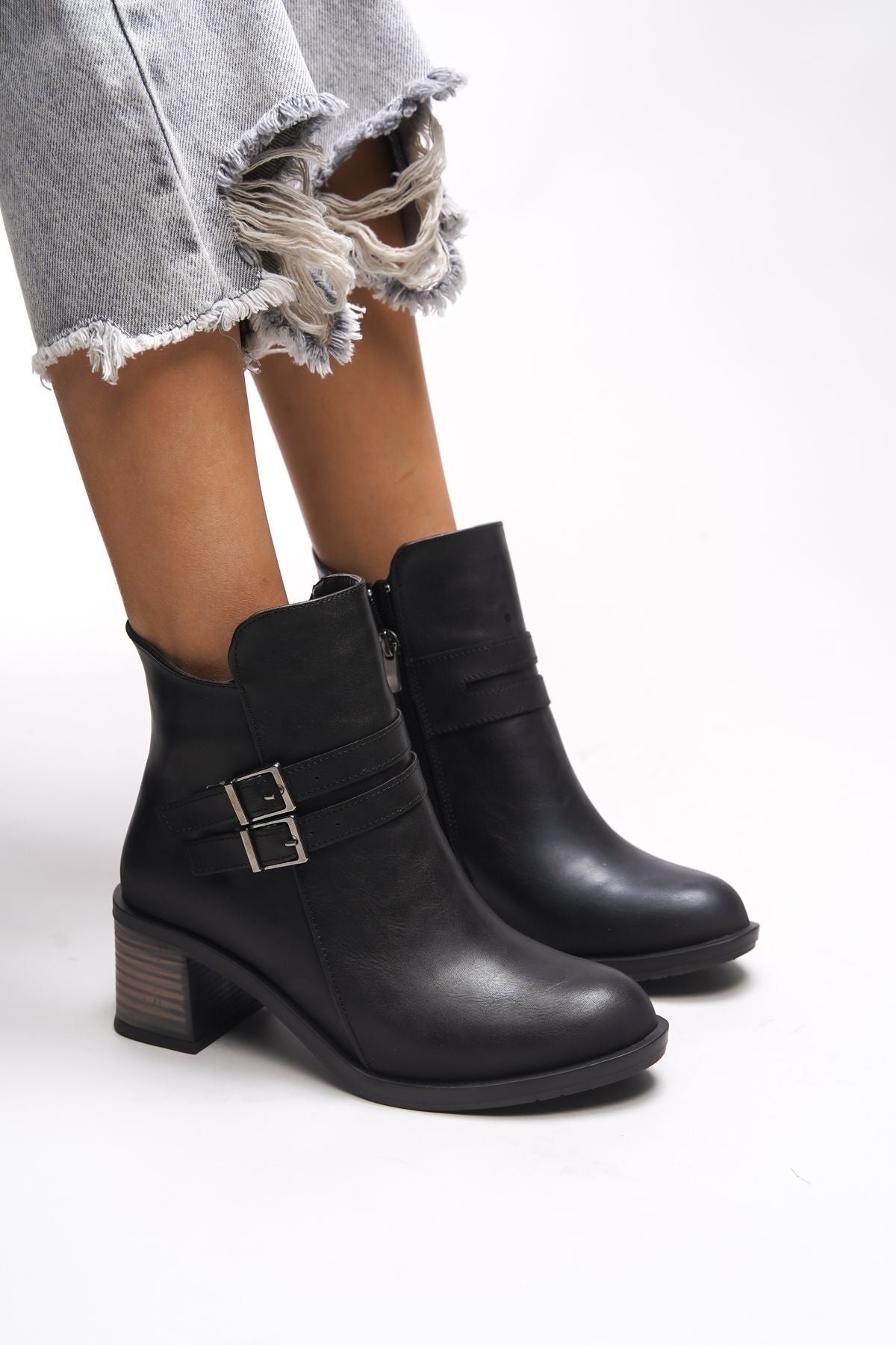 Khourzith female double buckle heels boat 0012502 black skin
