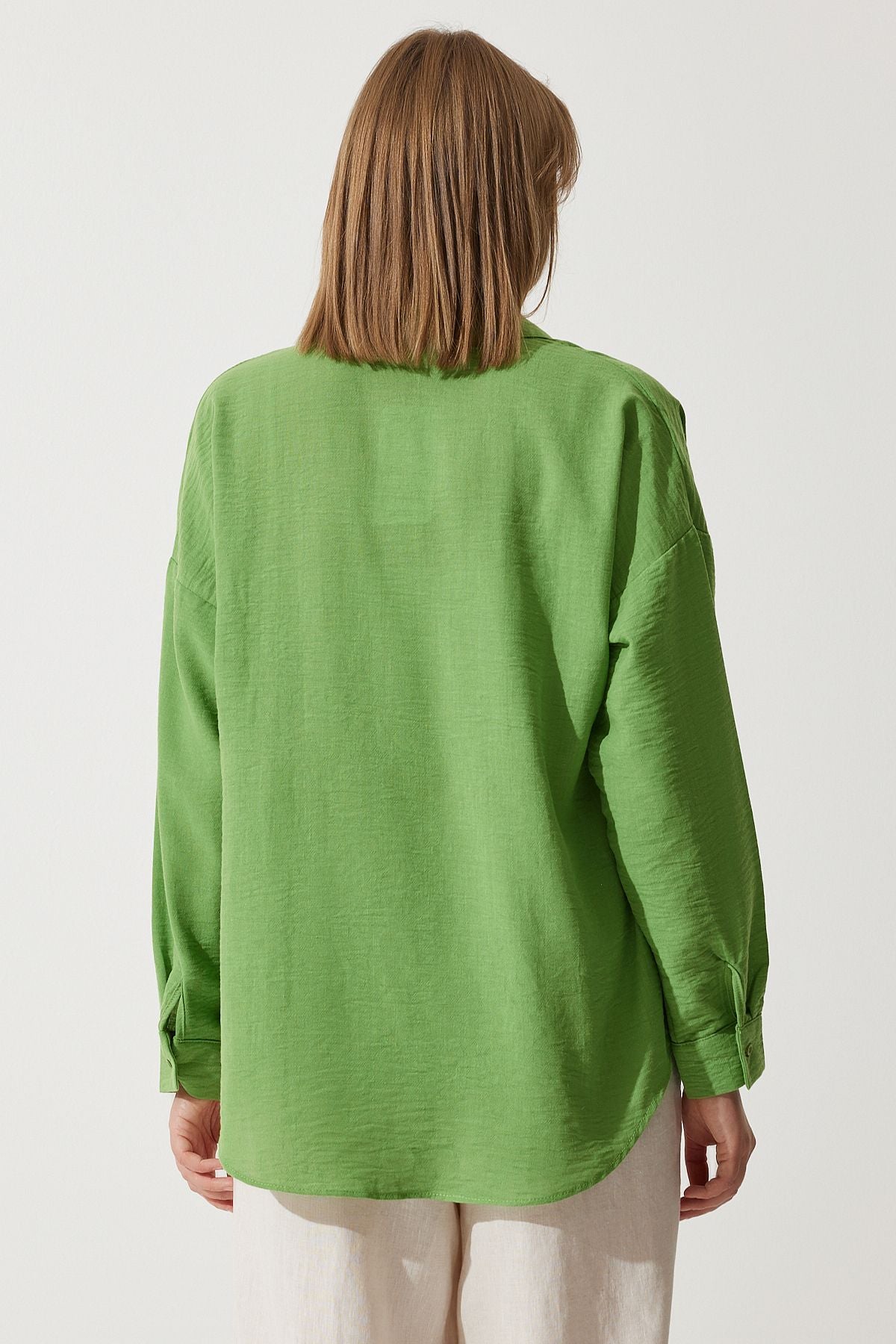 Woman Dark Cagla Green Oversize Linen Ayrrin Shirt DD01222