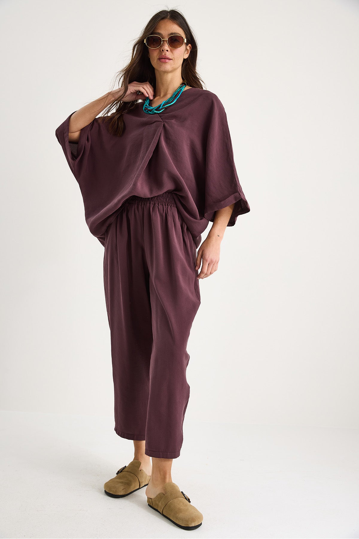 Women's V-Neck Bat Sleeve Blouse Elastic Waist Trousers Modal Suit 60283237