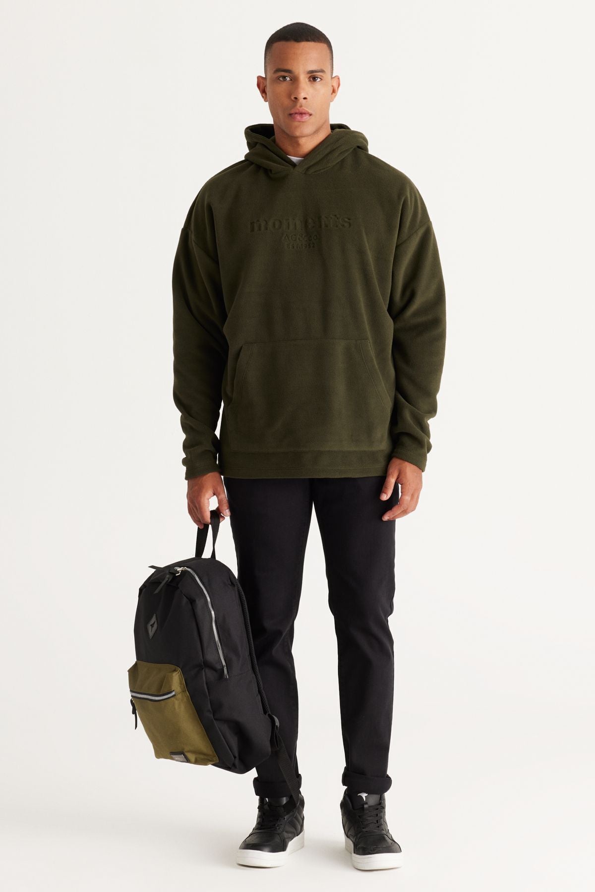 Men's Khaki Oversize plenty of cut hooded polar sweatshirt