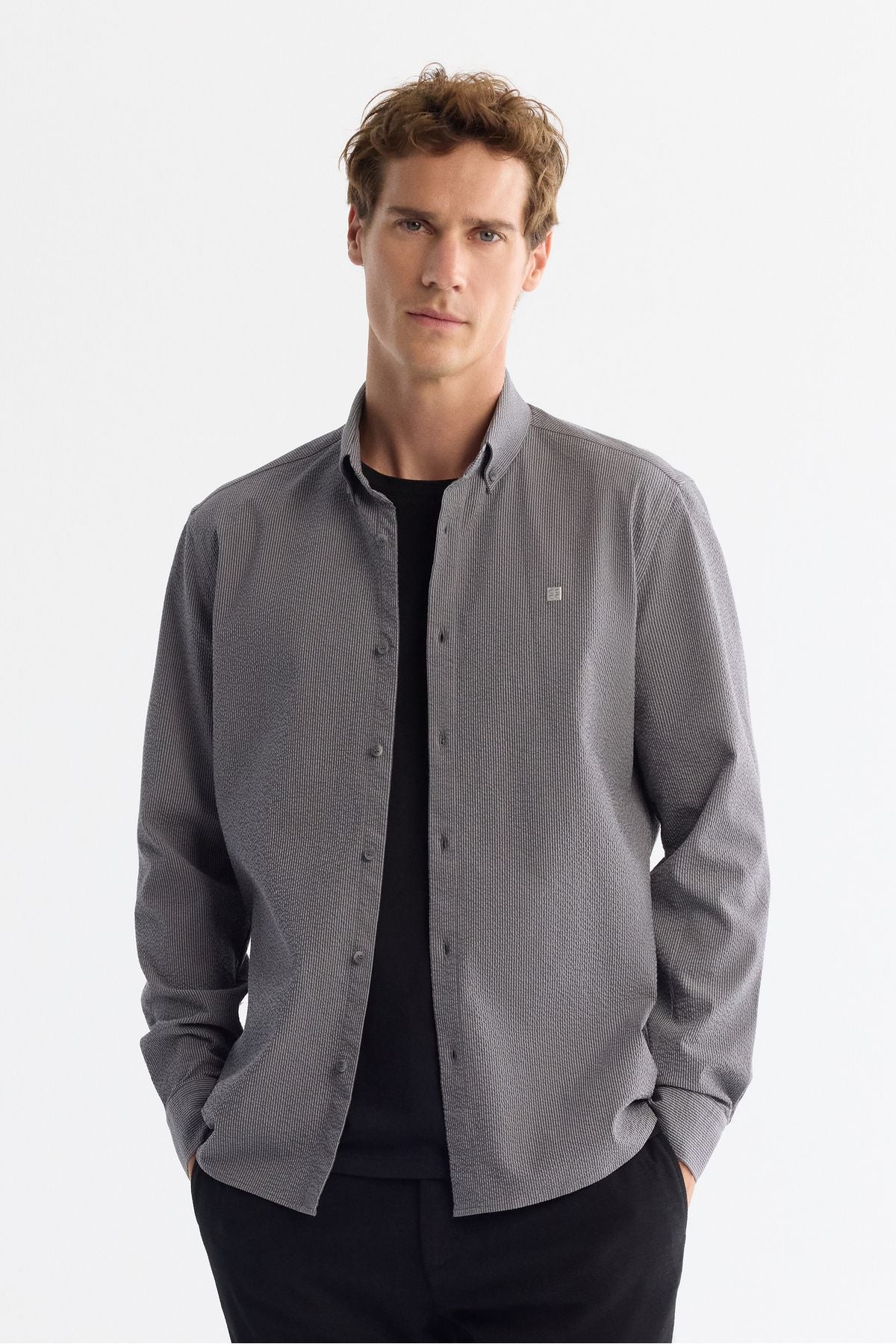 Men's gray button collar easily ironed striped shirt A42Y2098