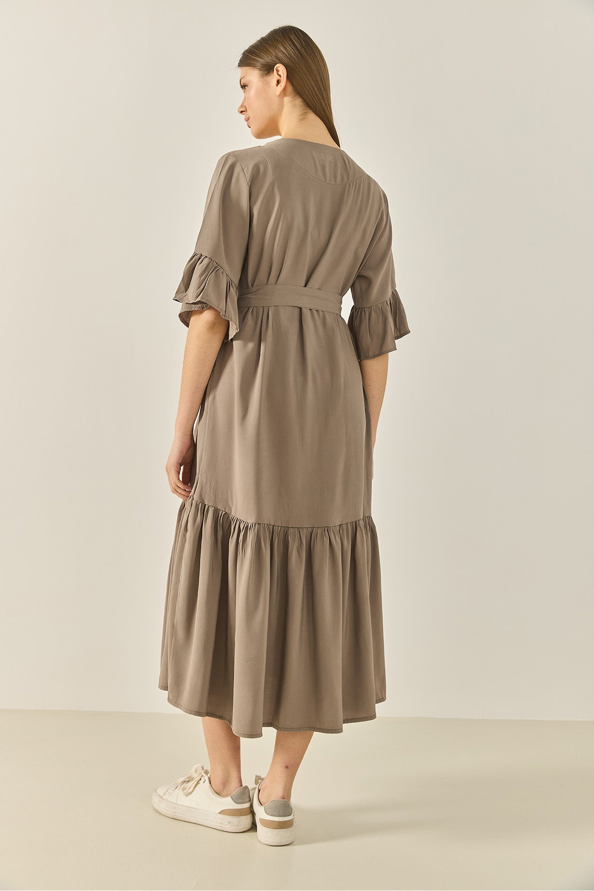 Women's V-Neck Pocket Belted Skirt Flounce Detailed Casual Dress 8406 60283256