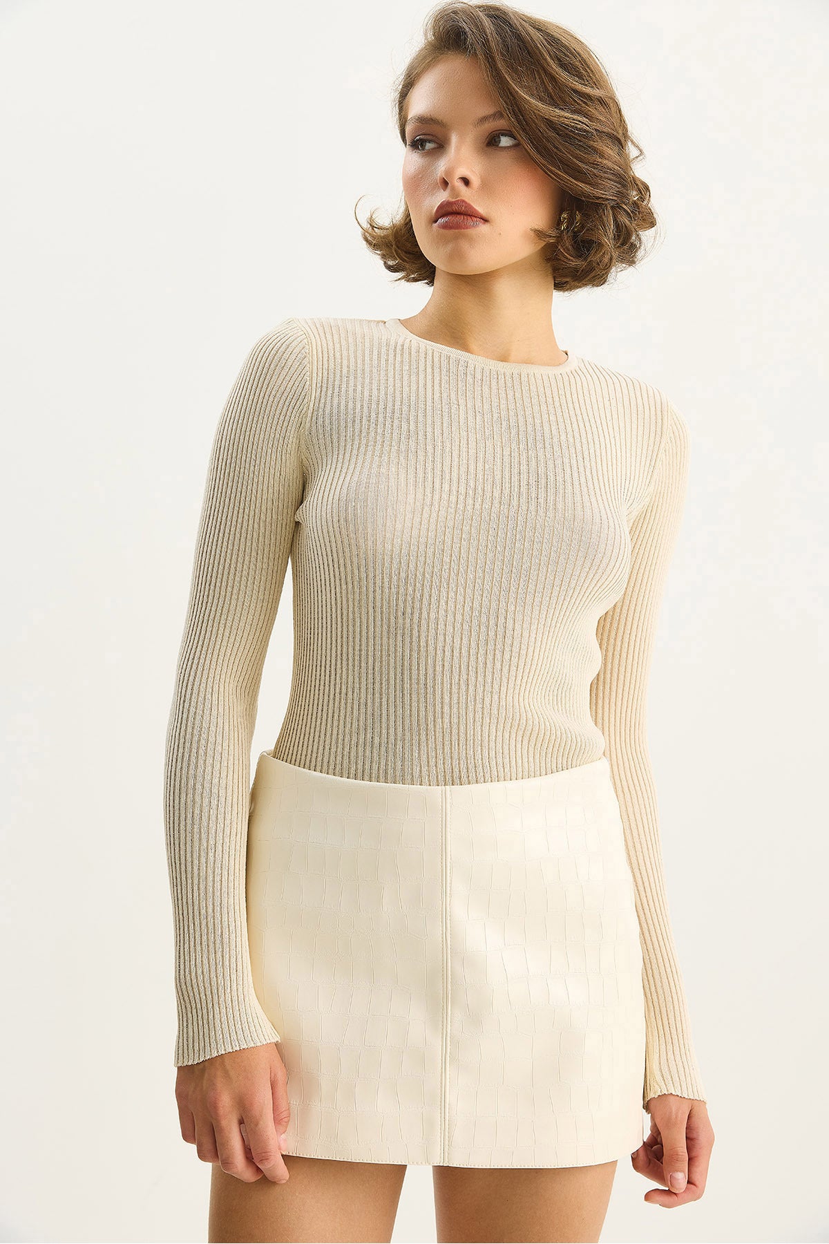 Women's Crew Neck Ribbed Body-hugging Sequin Detailed Gilded Knitwear Blouse 4798 60283583