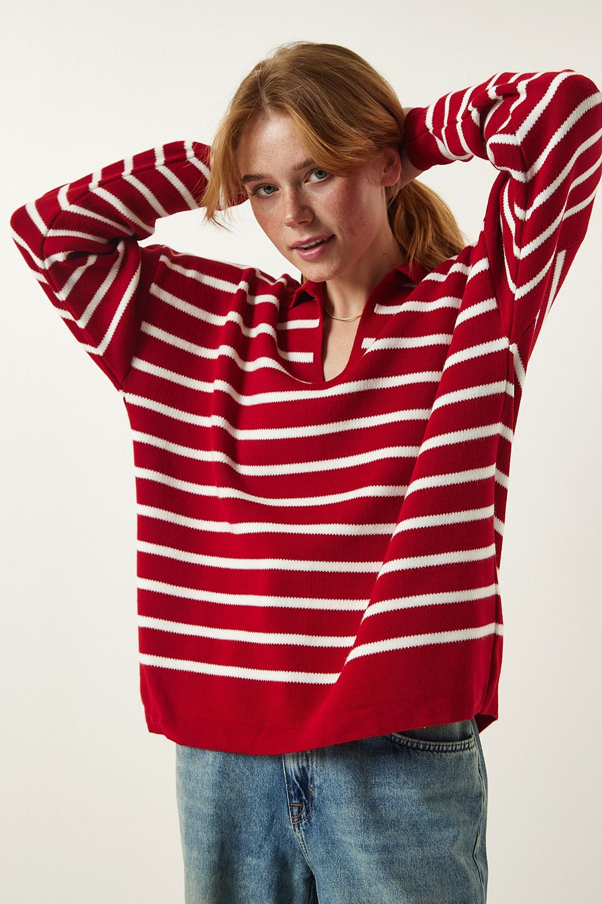 Woman Red Polo Yaka Crop Knitwear sweater US00293