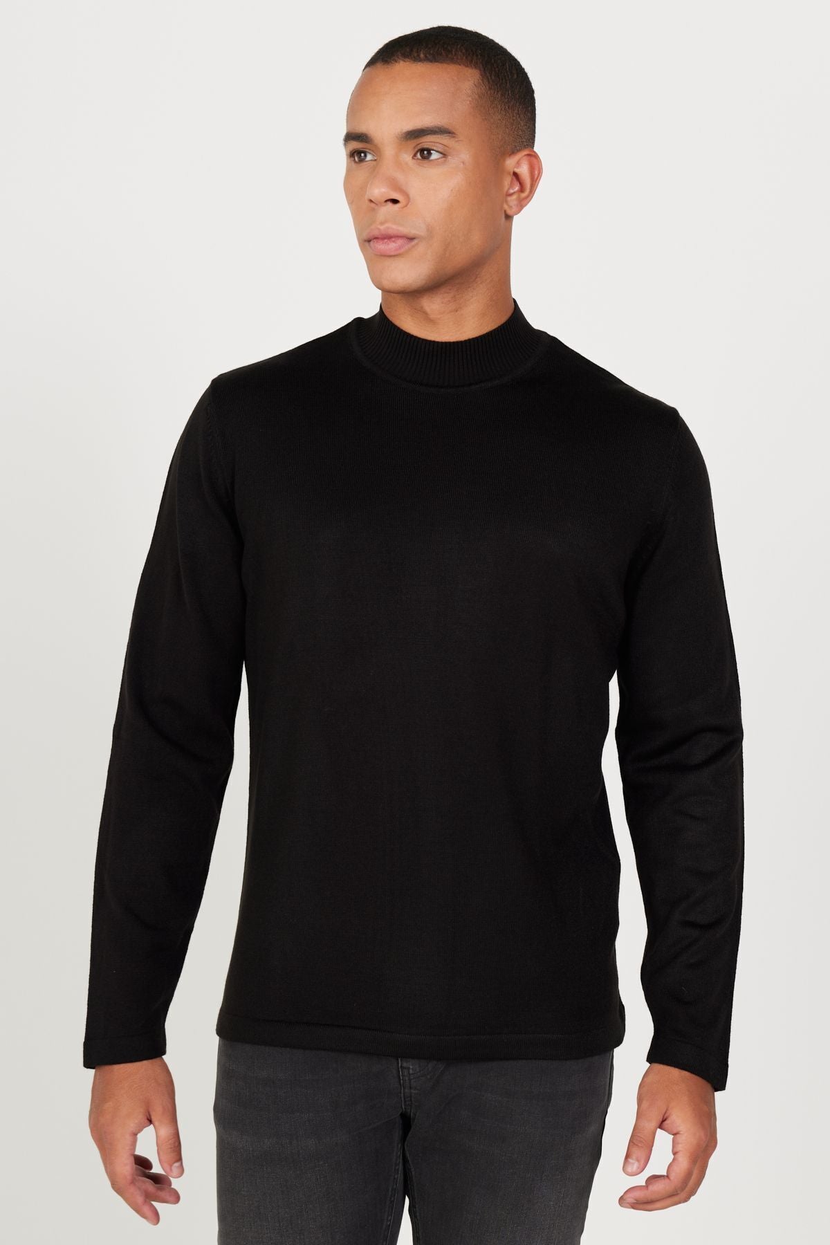 Men's black hair growth anti-pilling standard fit normal cut half fisherman collar knitwear sweater