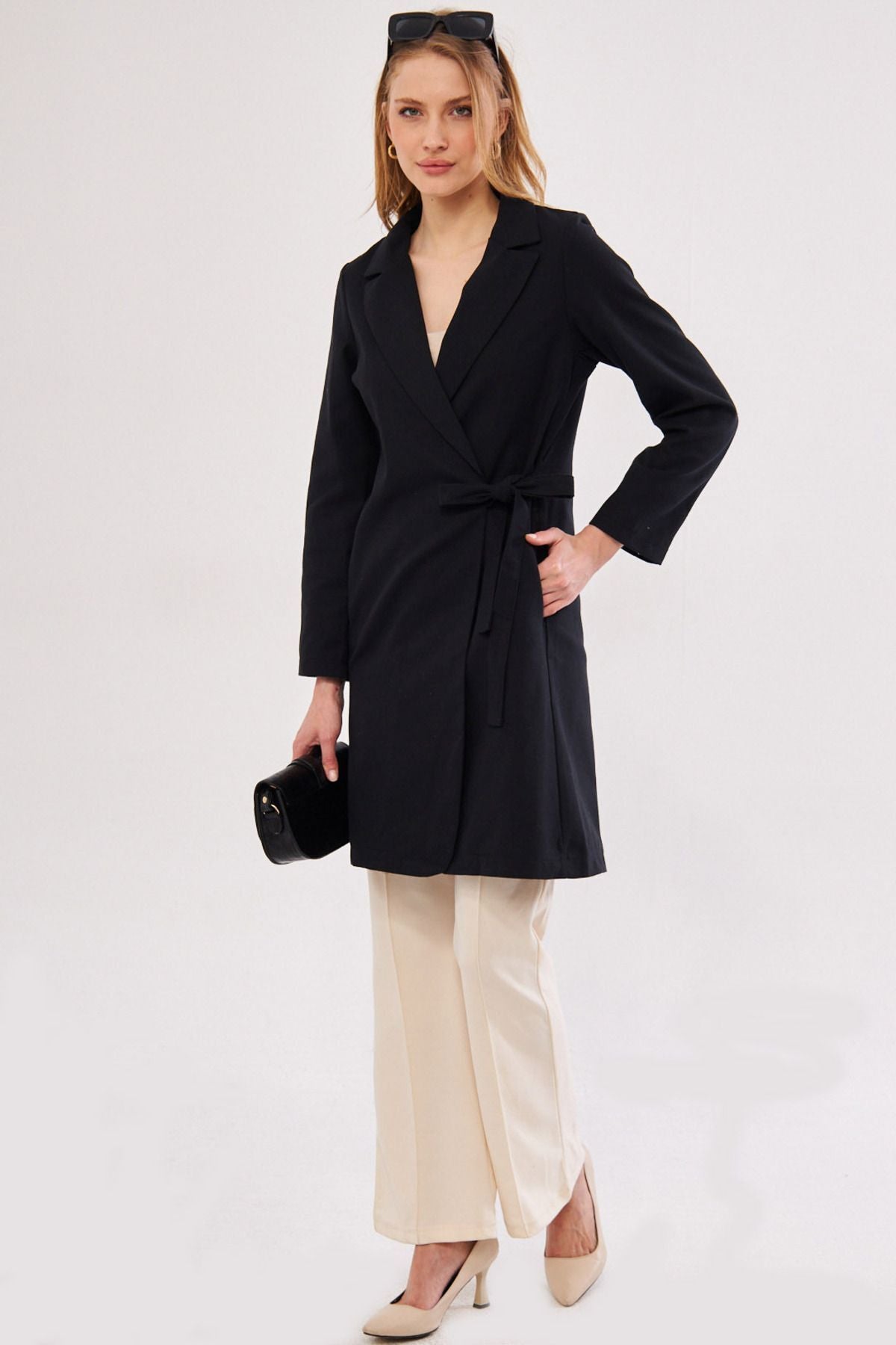 Women's black side tied long coat ARM-24Y001019