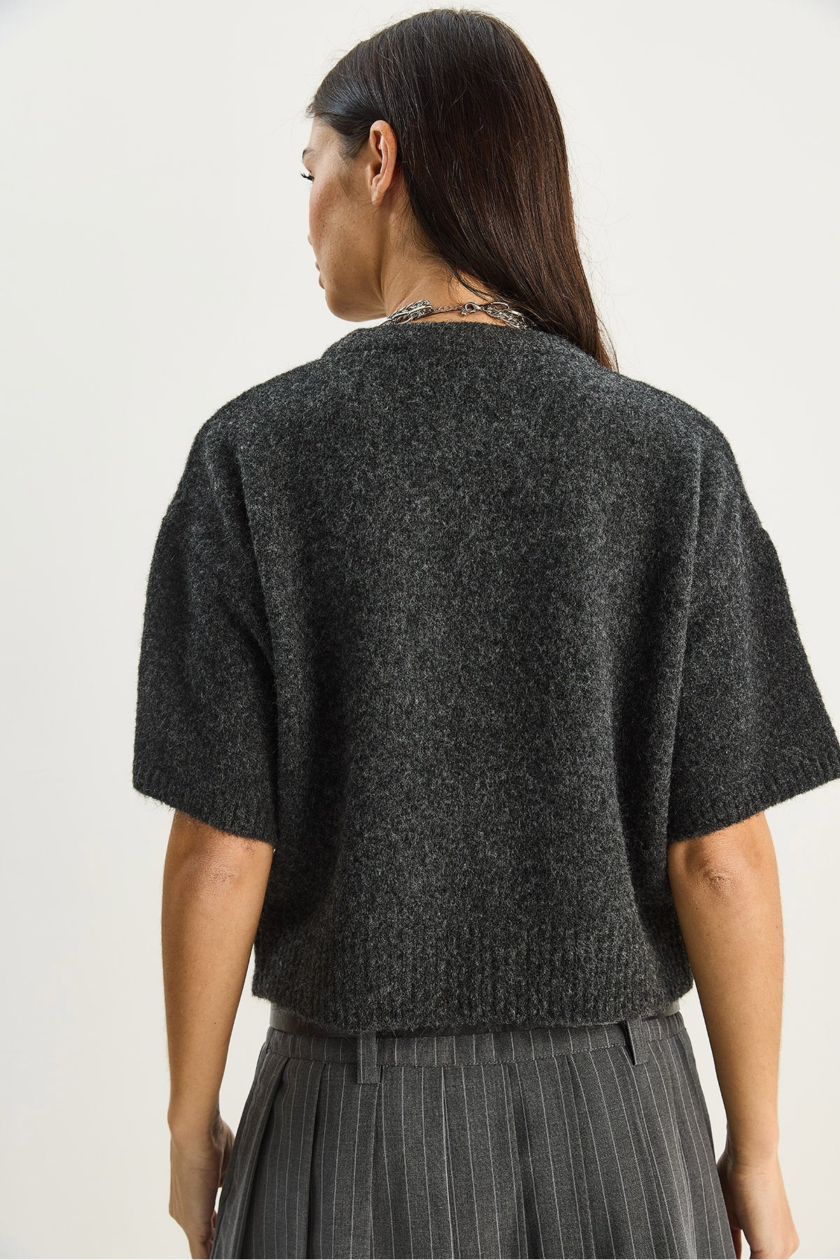 Women's Color Block Pocketed Short Sleeve Knitwear Sweater 2551 60283758