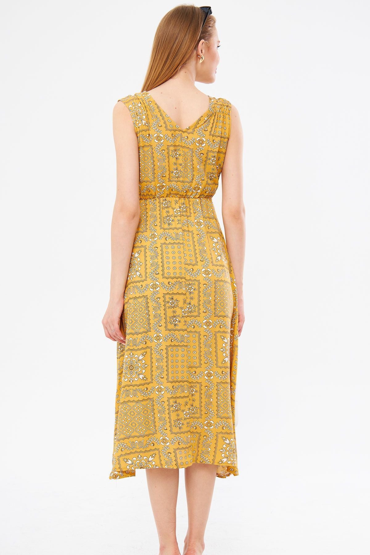 Female mustard patterned waist and shoulder tire cruve collar midi height skirt dress ARM-24Y001052