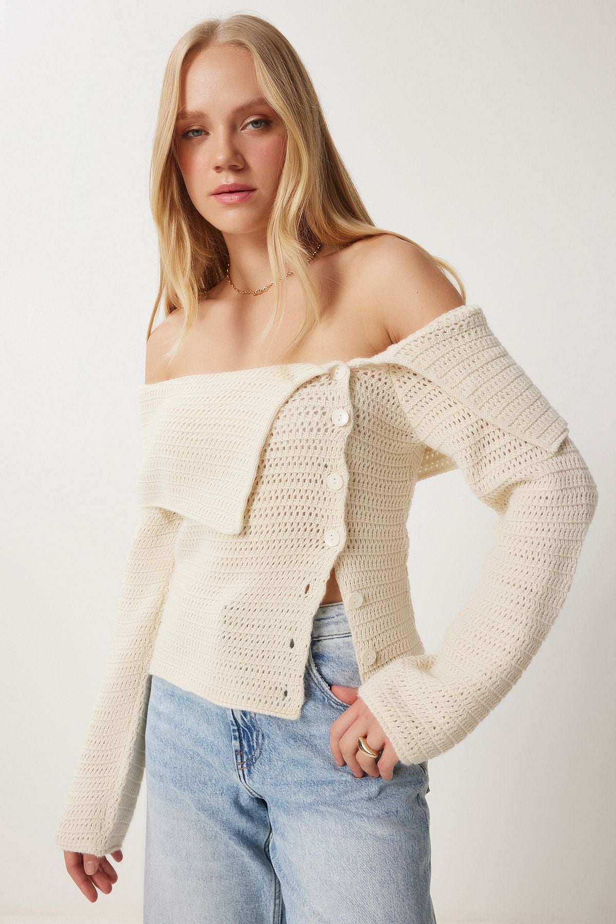 Female beige button low carmen collar knitwear blouse FN03377