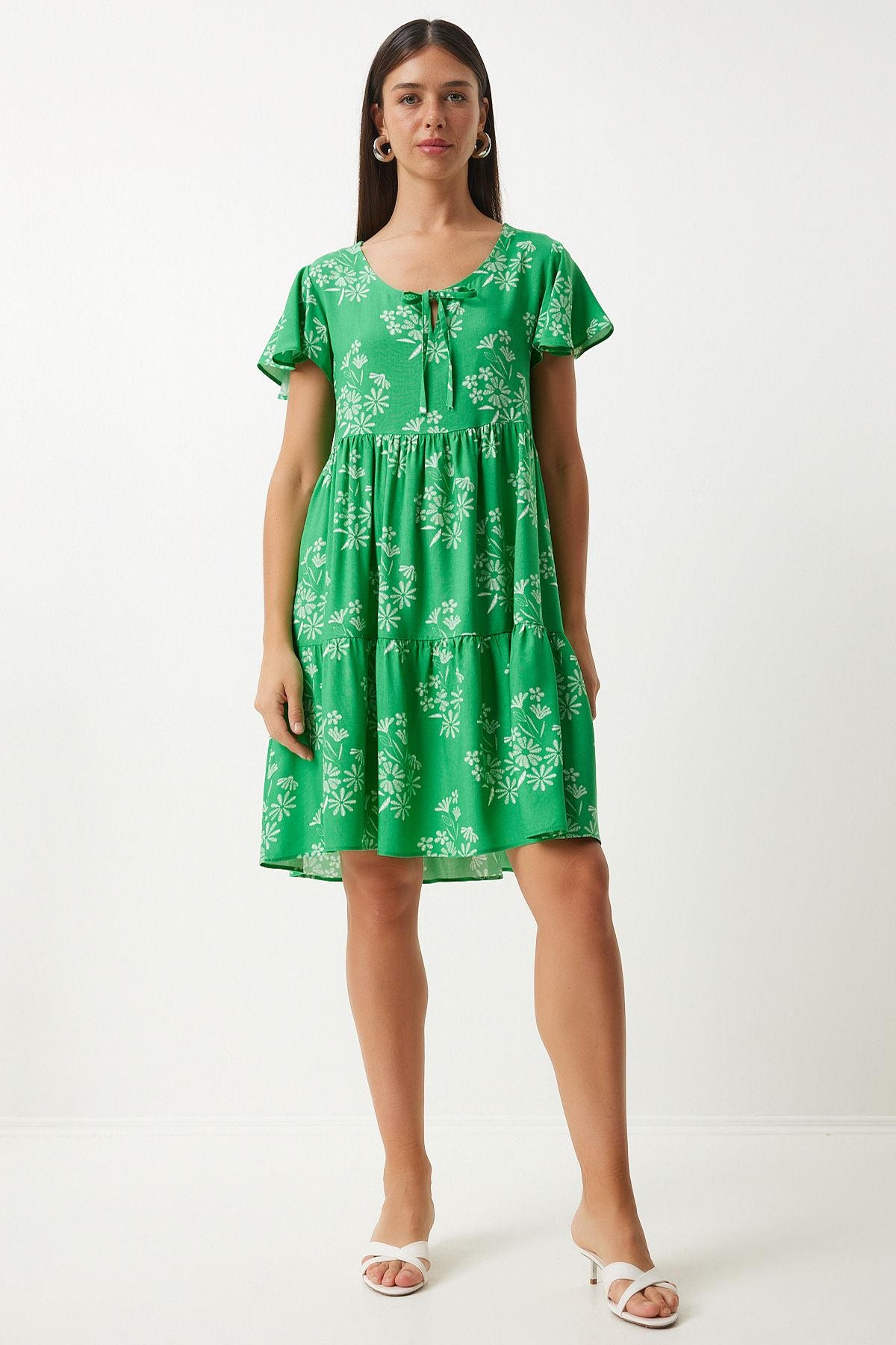 Woman Green White Flower Summer Viscose Dress DD01330